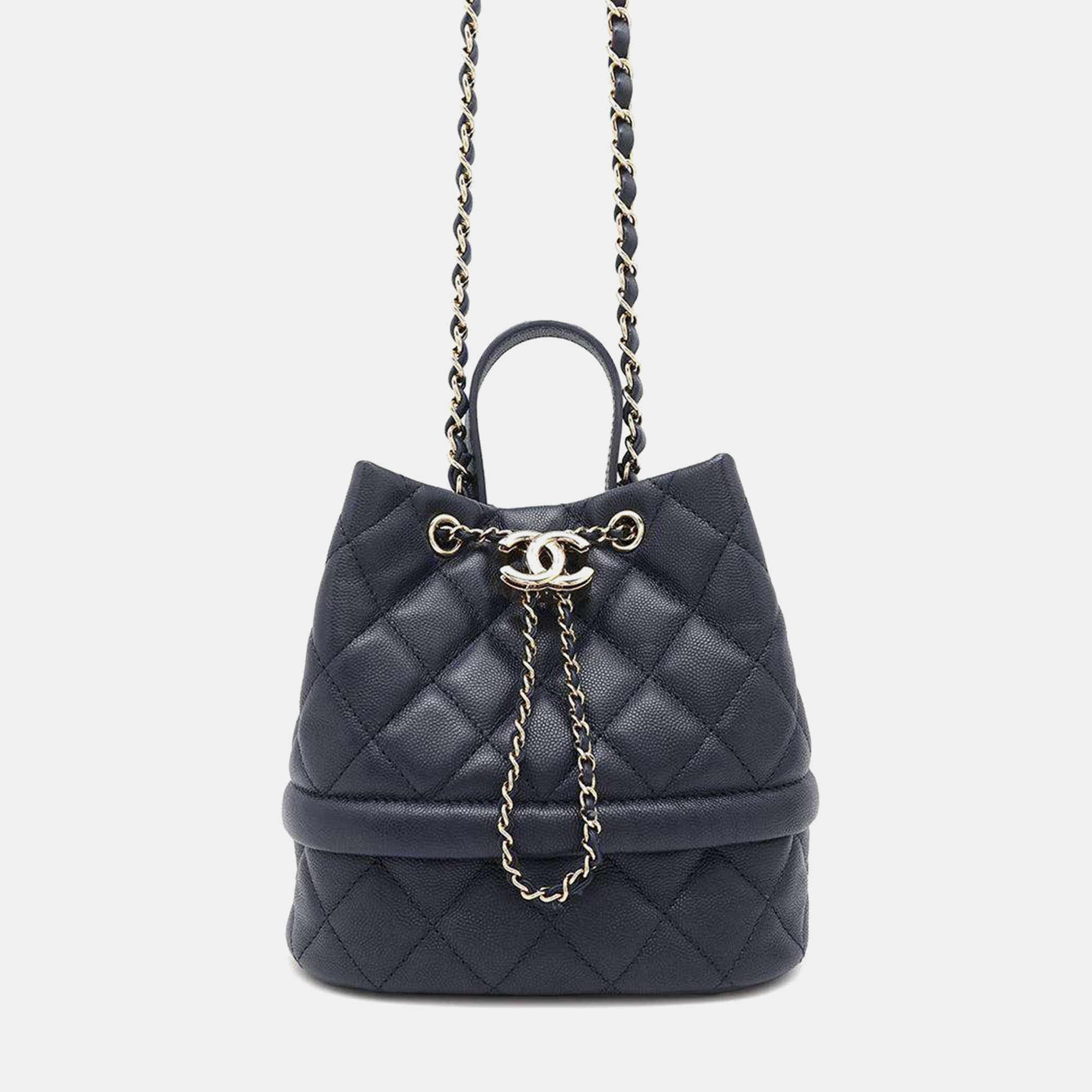 

Chanel Navy Caviar Leather Drawstring Chain Shoulder Bag, Navy blue