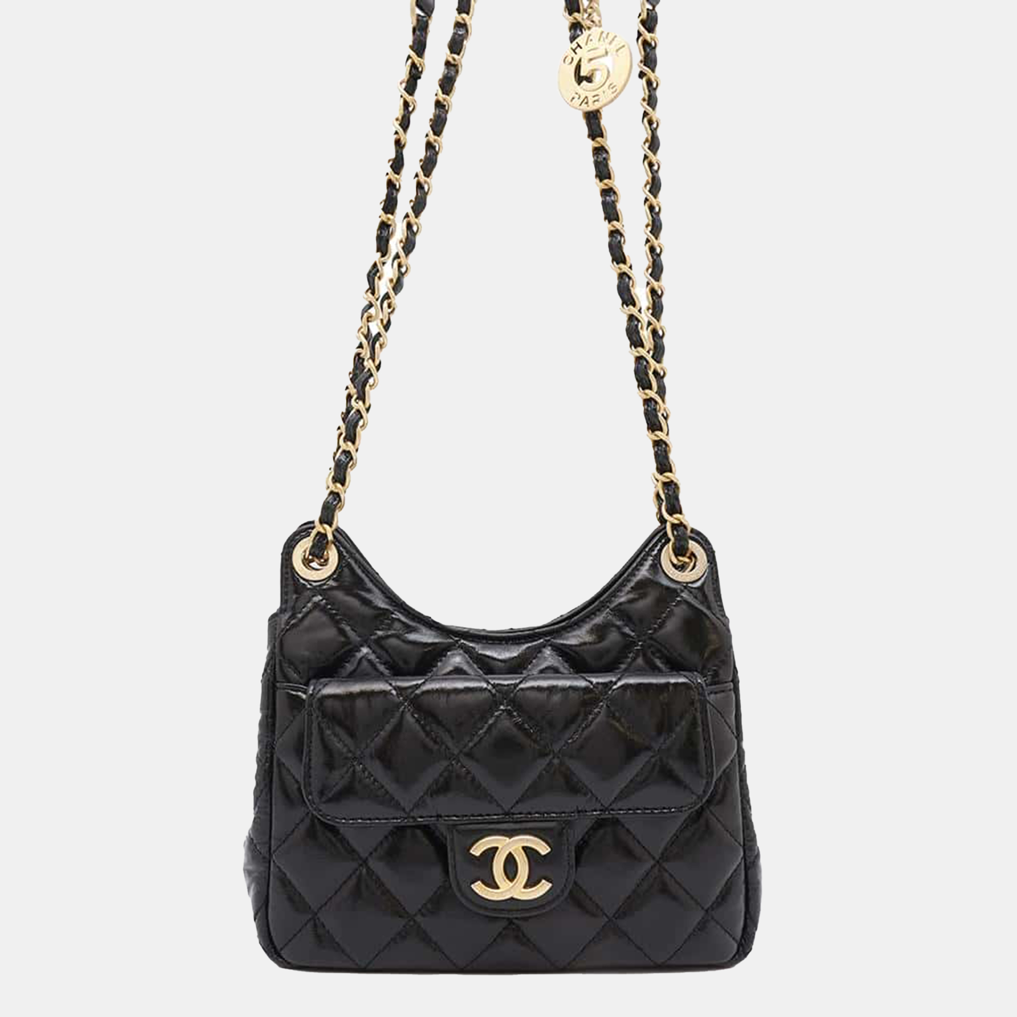 

Chanel Black Vintage Calf Leather Matelasse Hobo Chain shoulder Bag