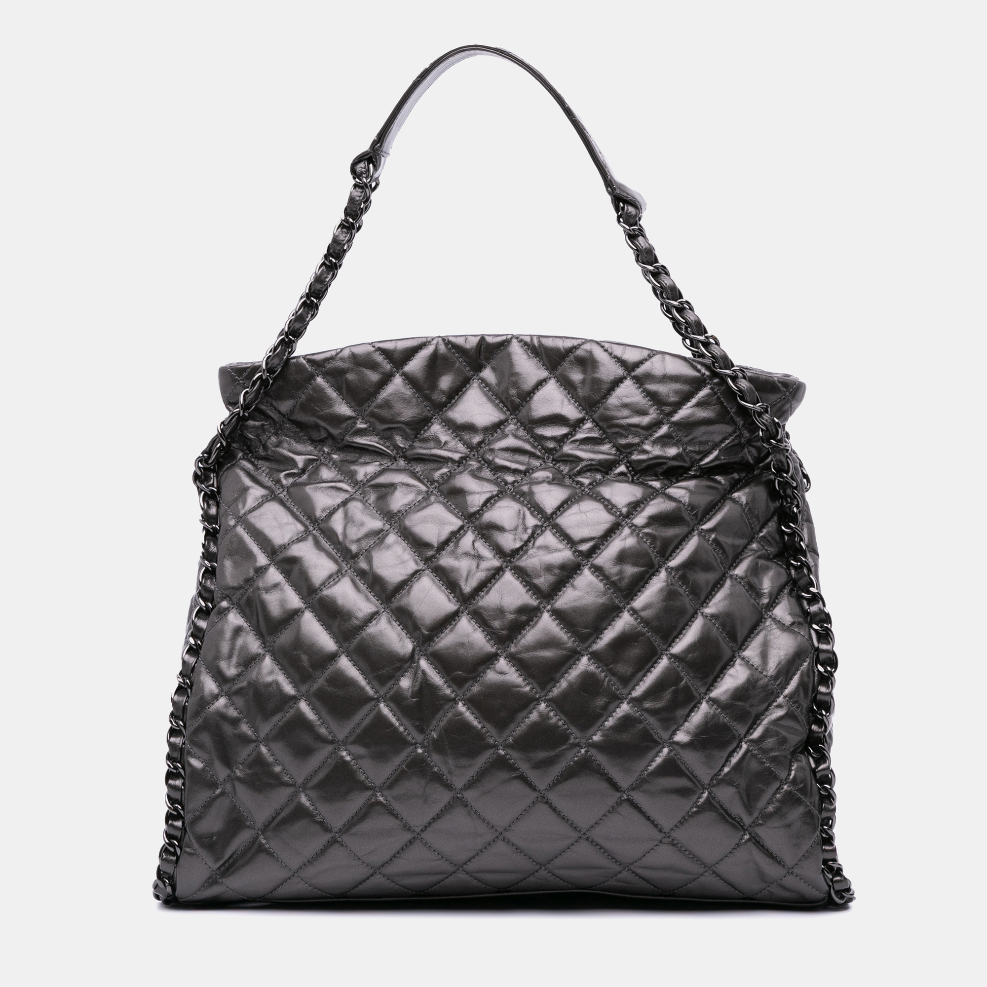 

Chanel Grey Large Quilted Metallic Calfskin Chain Me Hobo