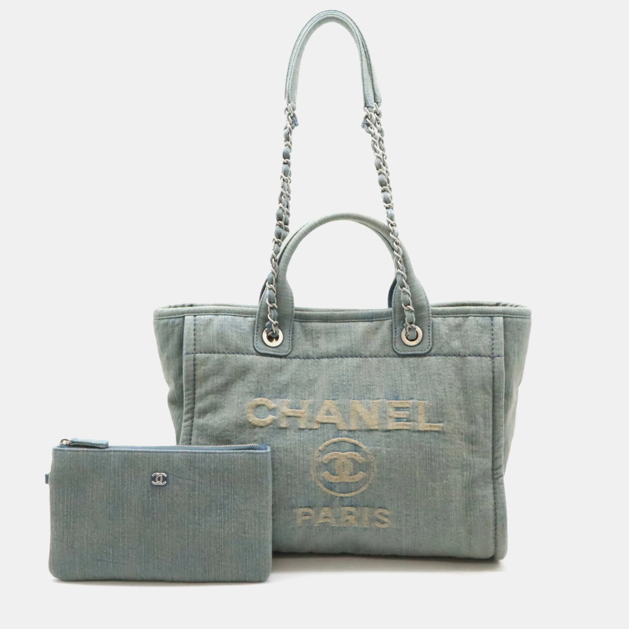 

Chanel Light Blue Denim Deauville Chain Tote Bag