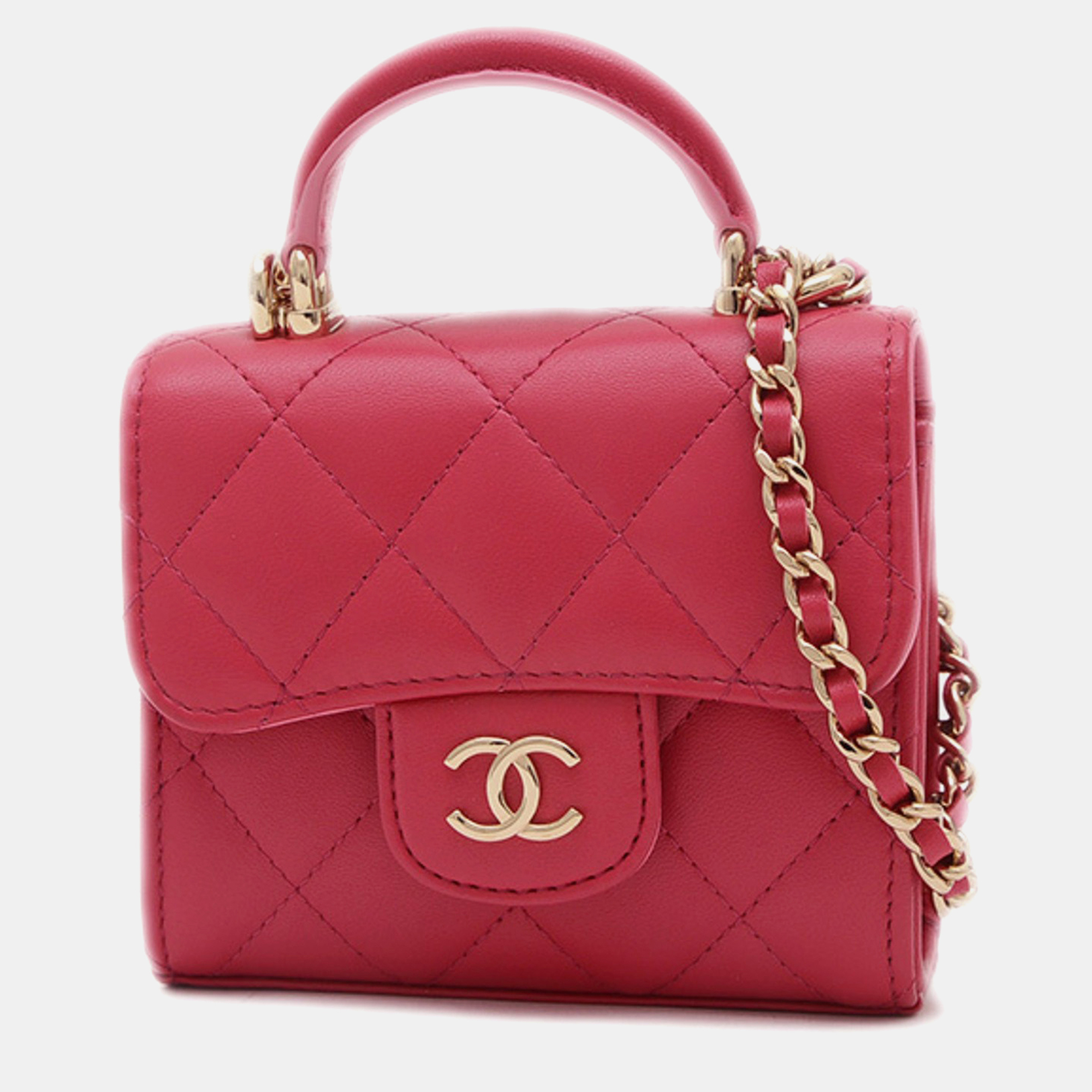 

Chanel Pink Lambskin Leather Top Handle Flap Chain Clutch Bag