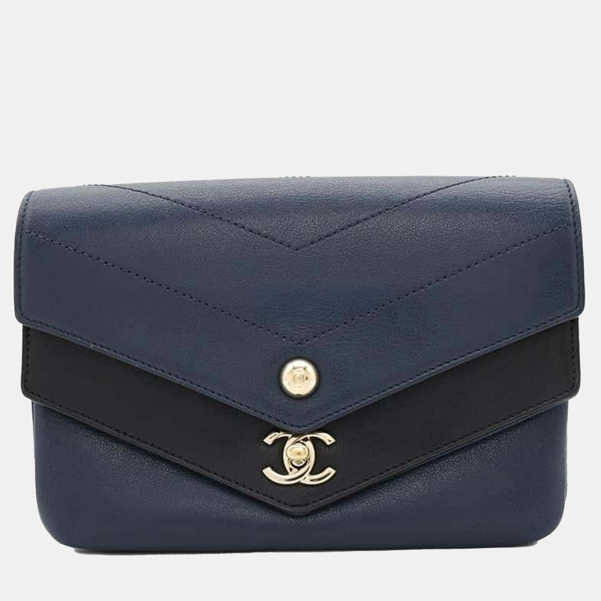 

Chanel Navy Black Sheepskin Chevron Quilted Double Chevron Bag