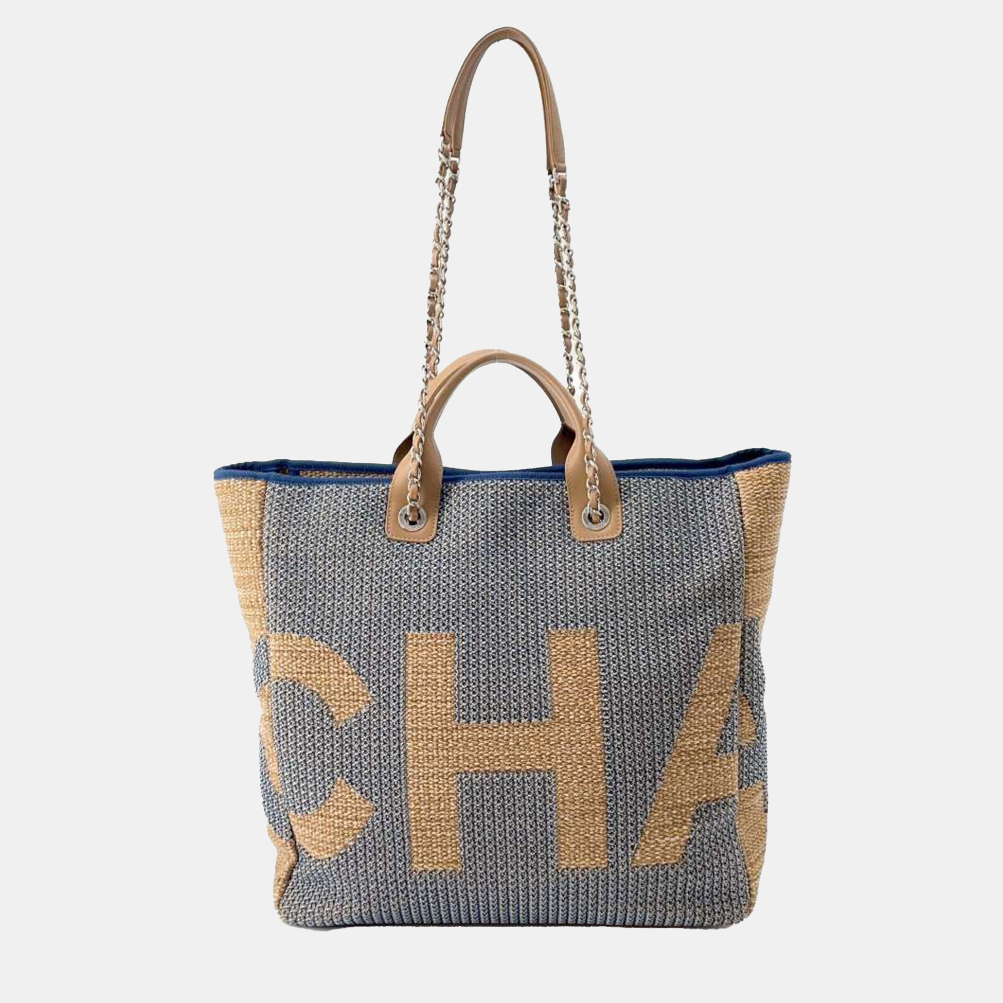 

Chanel Beige Navy Straw Shopping Chain Tote Bag