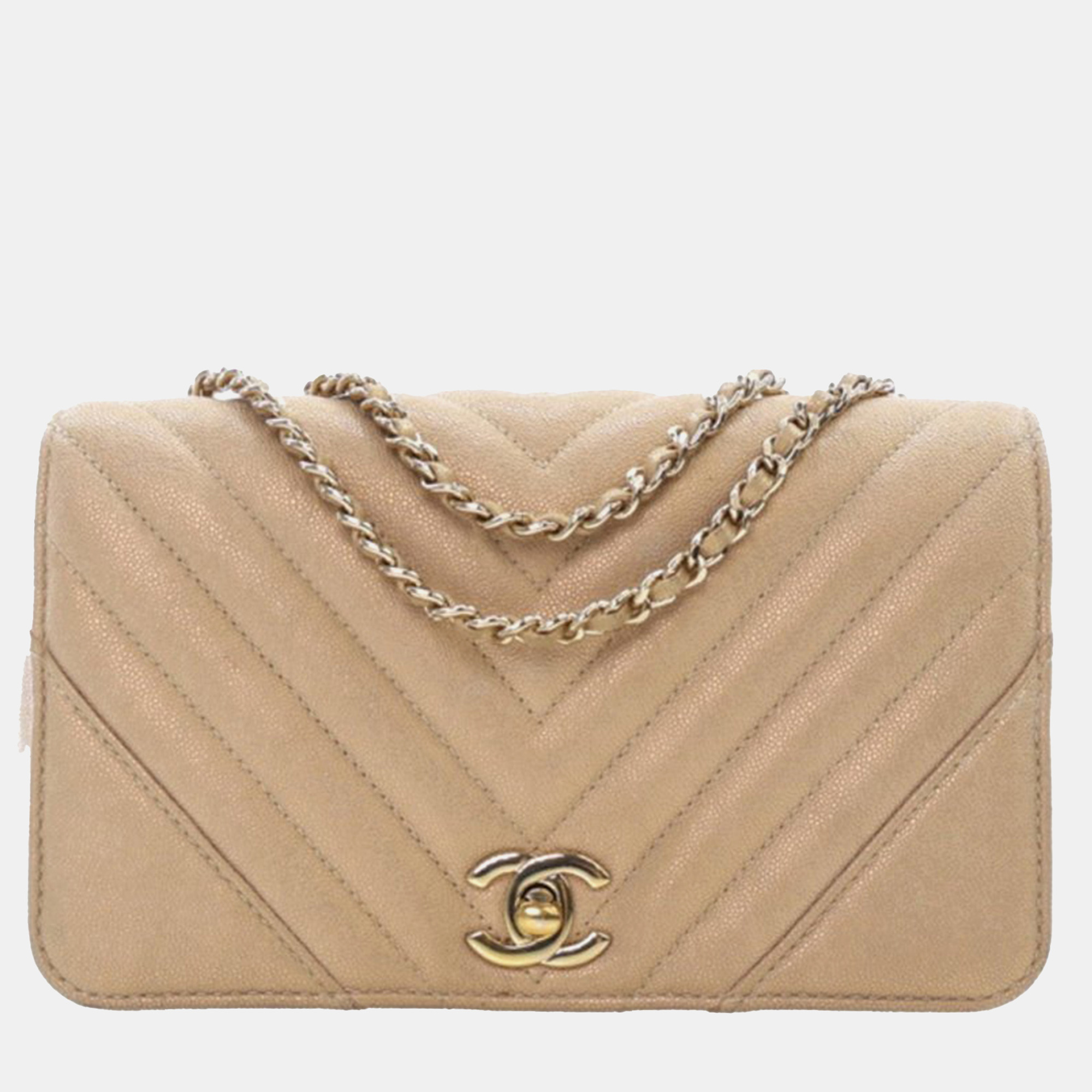 

Chanel Brown Caviar Chevron Statement Flap Small Bag