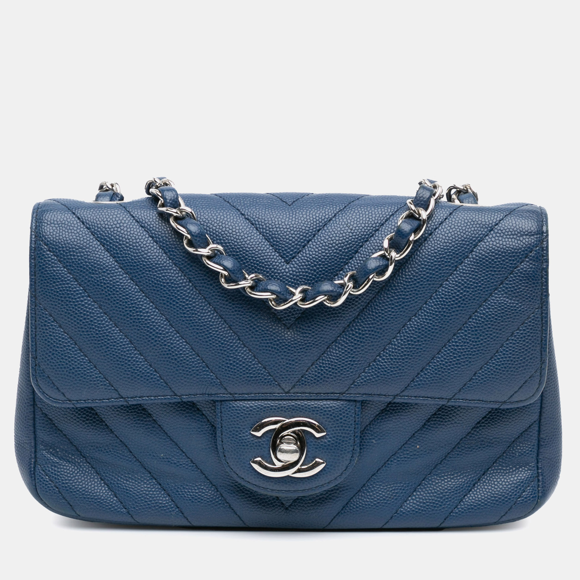 

Chanel Blue Mini Rectangular Classic Chevron Caviar Single Flap