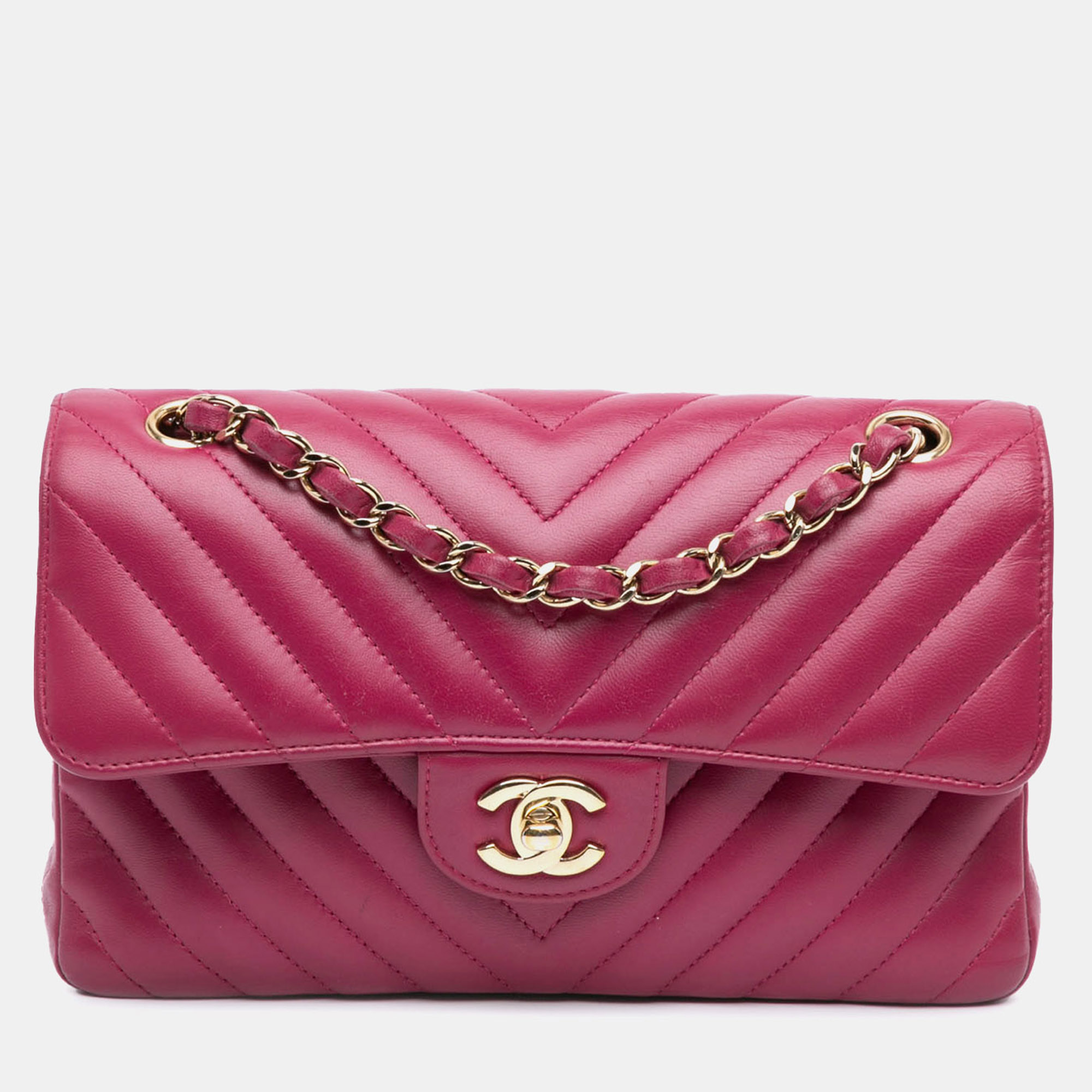 

Chanel Pink Small Classic Chevron Lambskin Double Flap