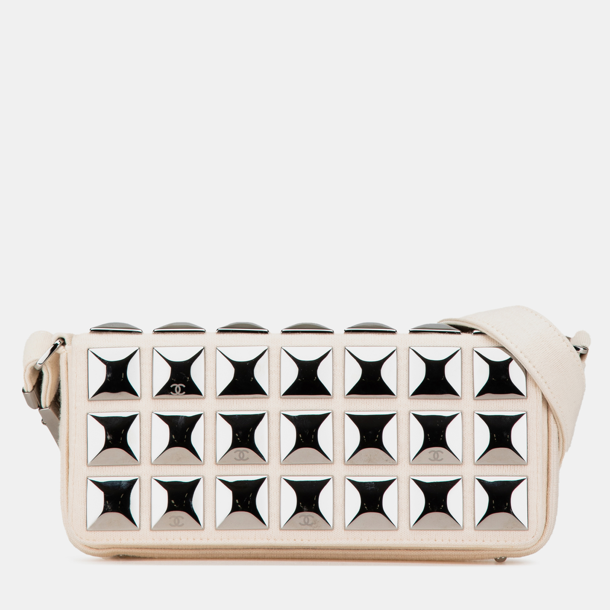 

Chanel White CC Jersey Pyramid Stud Flap