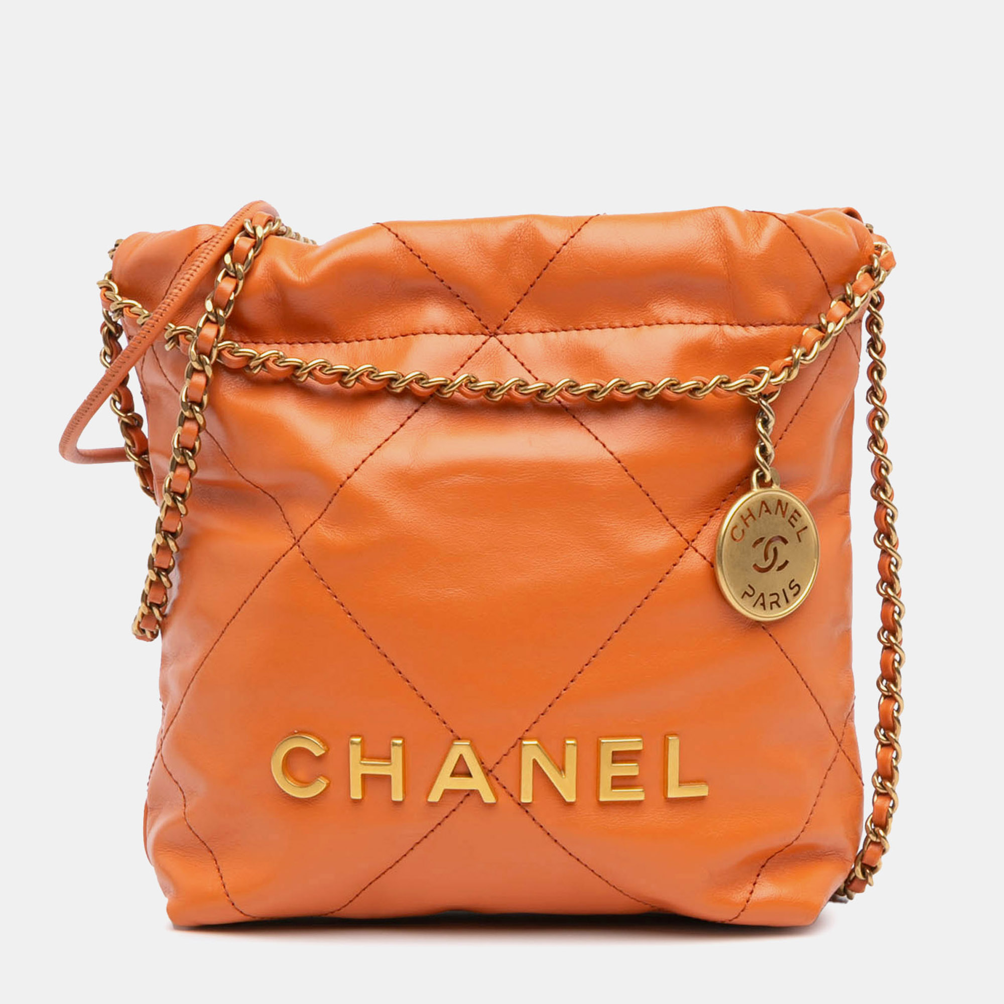 

Chanel Orange Mini Shiny Calfskin 22 Handbag