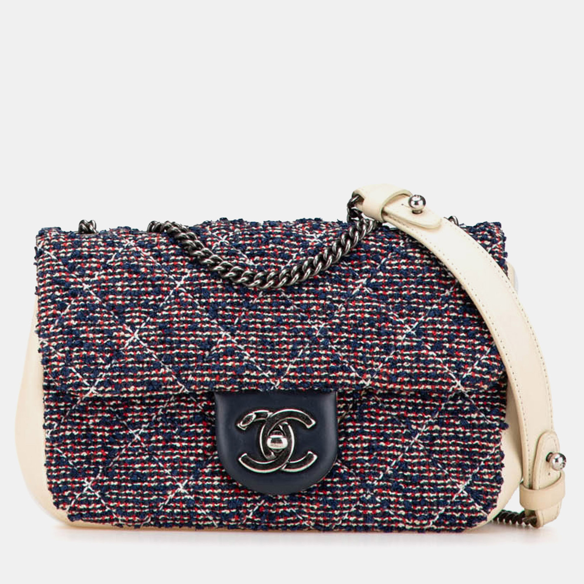 

Chanel Blue White Mini Rectangular Tweed Single Flap