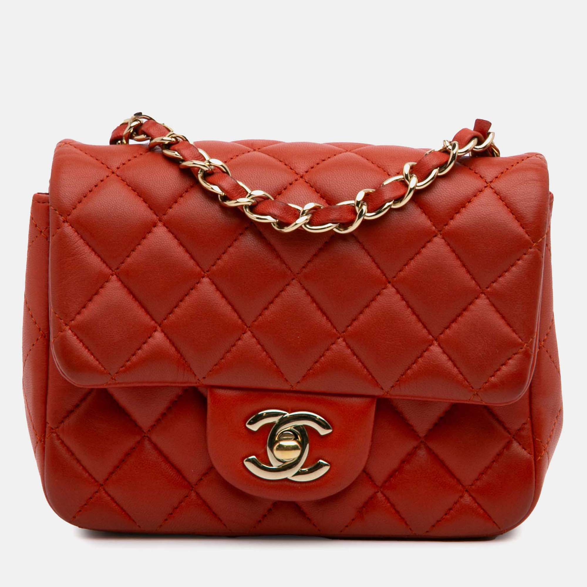 

Chanel Orange Mini Square Classic Lambskin Single Flap