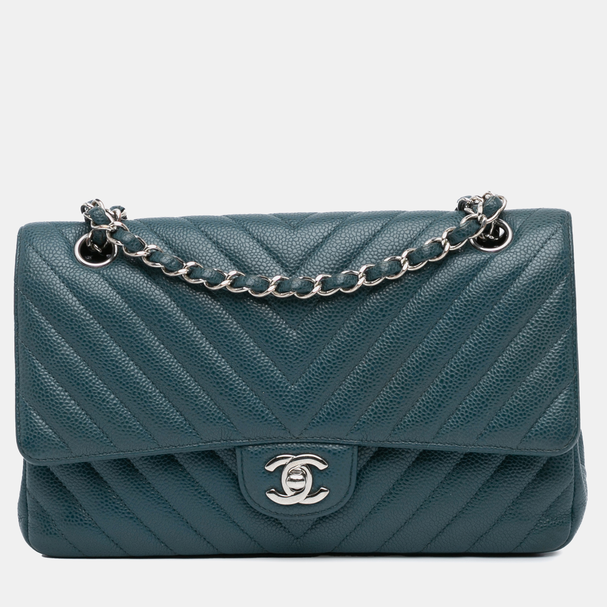

Chanel Navy Blue Medium Classic Chevron Caviar Double Flap