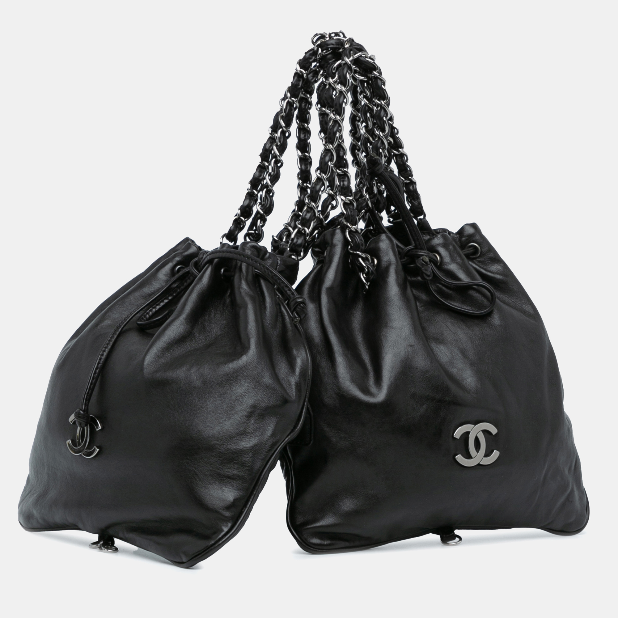 

Chanel Black Calfskin CC Dual Twin Chain Handbag