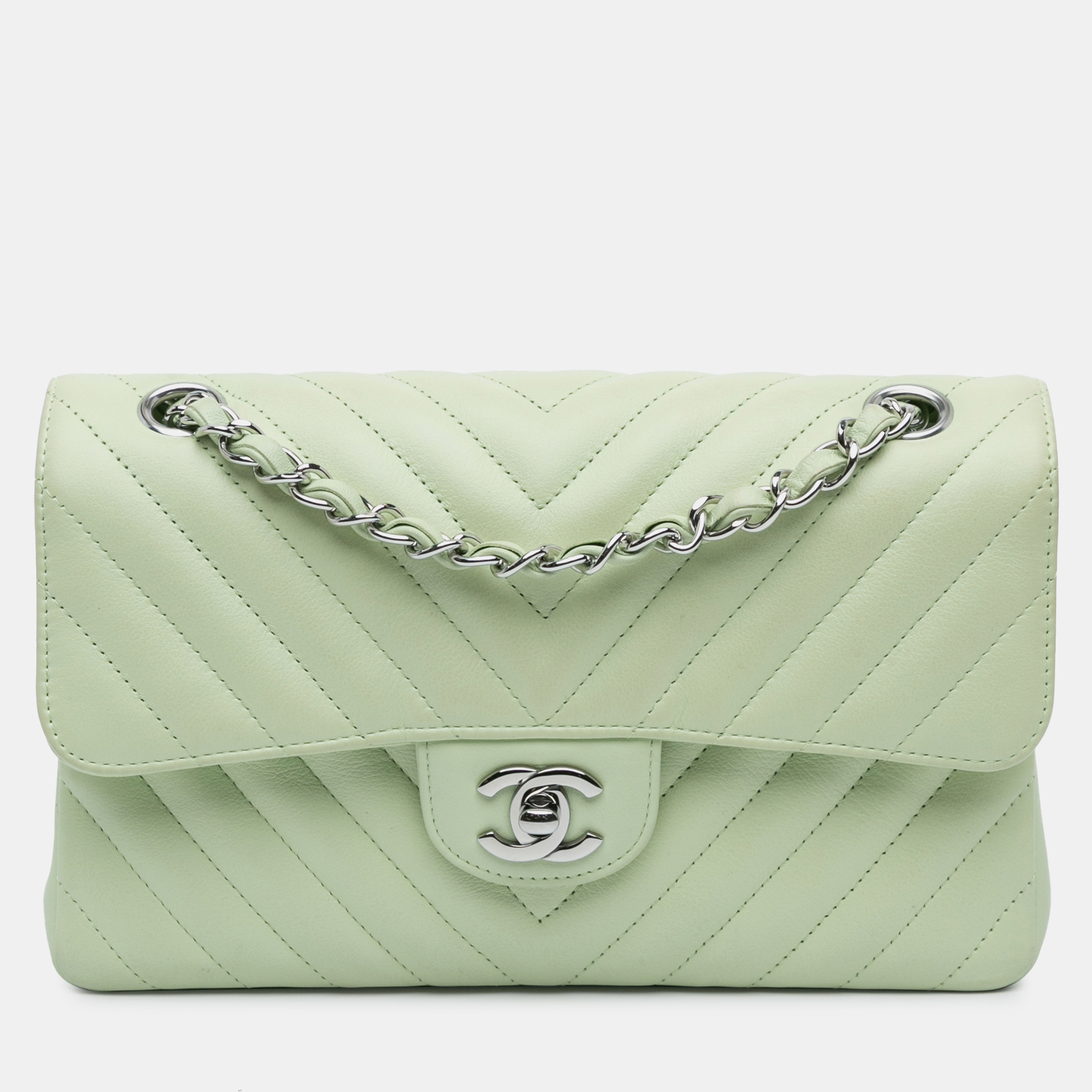 

Chanel Green Lambskin Classic Chevron Small Double Flap Bag