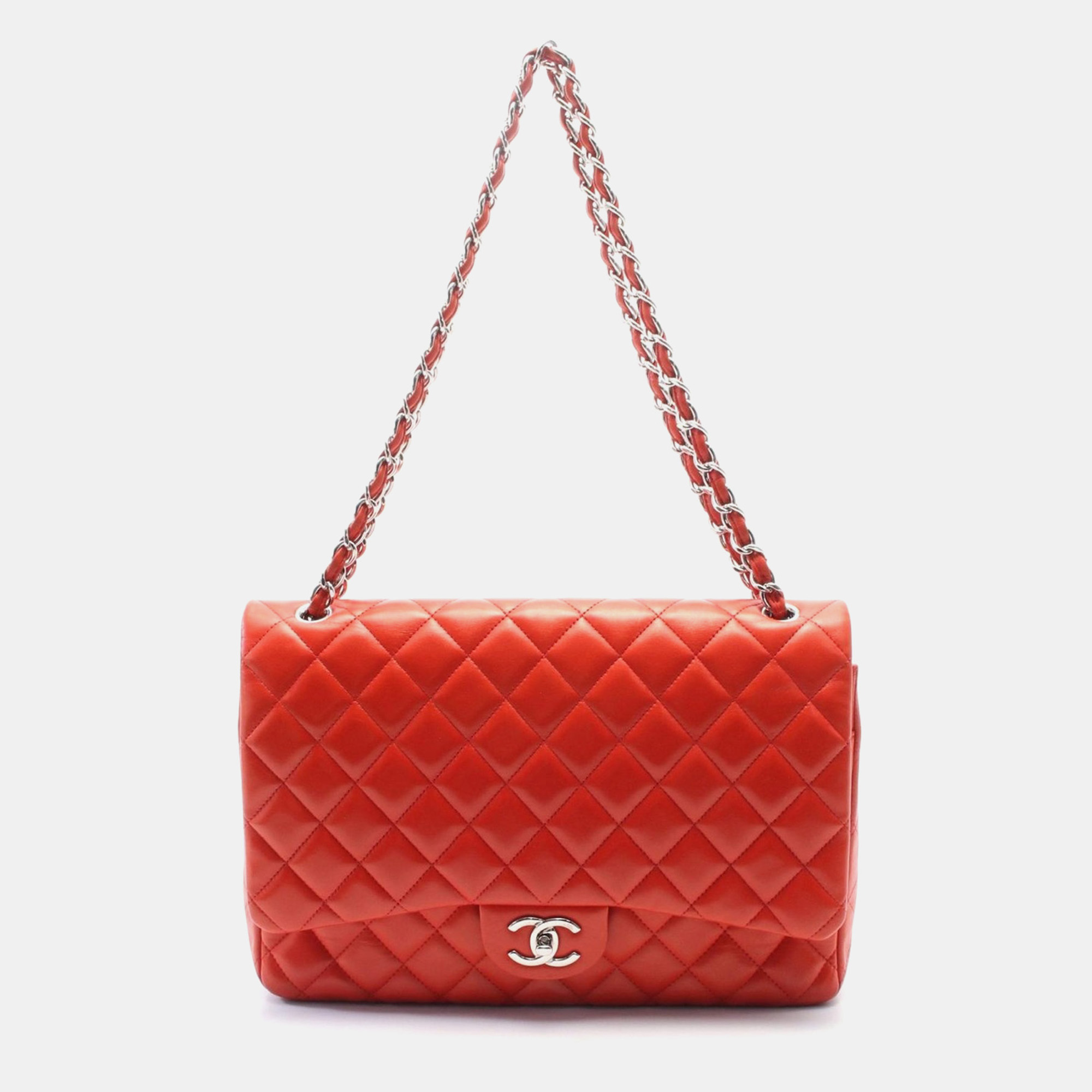 

Chanel Lambskin Matelasse Classic Maxi W Flap Shoulder Chain Bag, Red