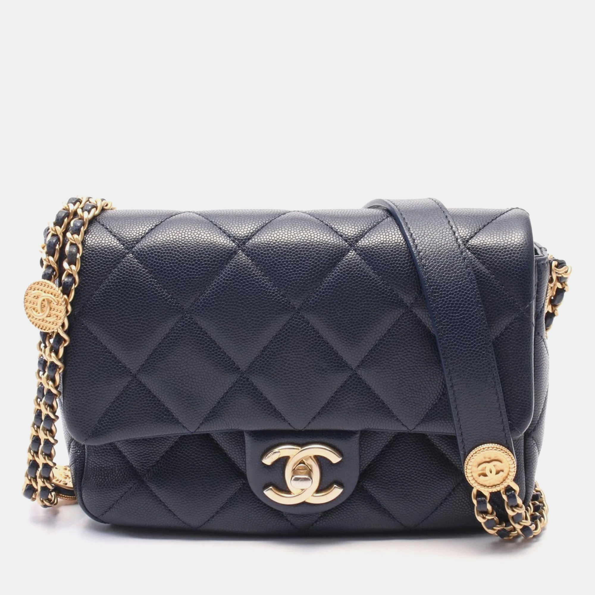 

Chanel Navy Leather Mini Flap Shoulder Crossbody Chain Bag, Navy blue