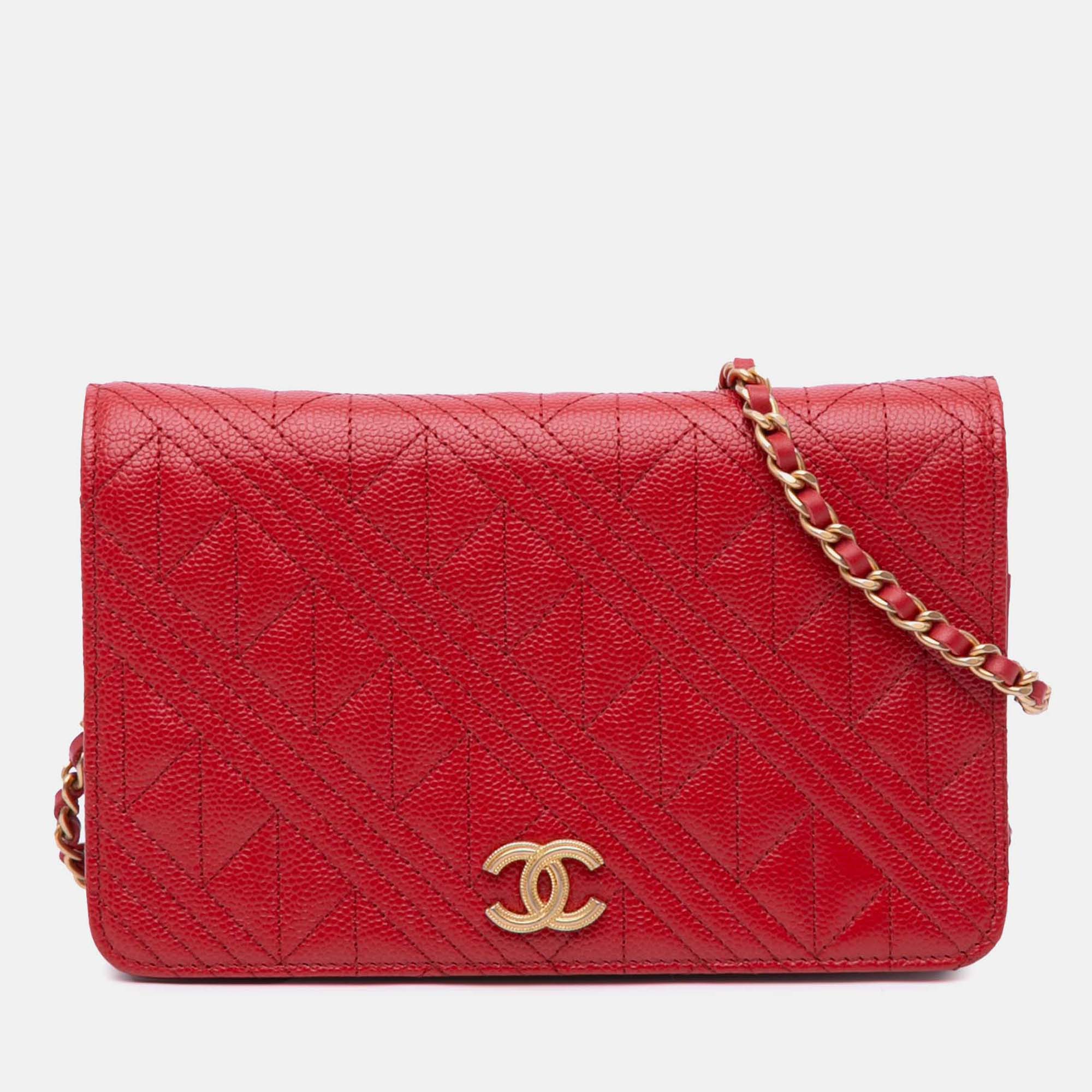 

Chanel Red Caviar CC Mixed Quilt Wallet On Chain