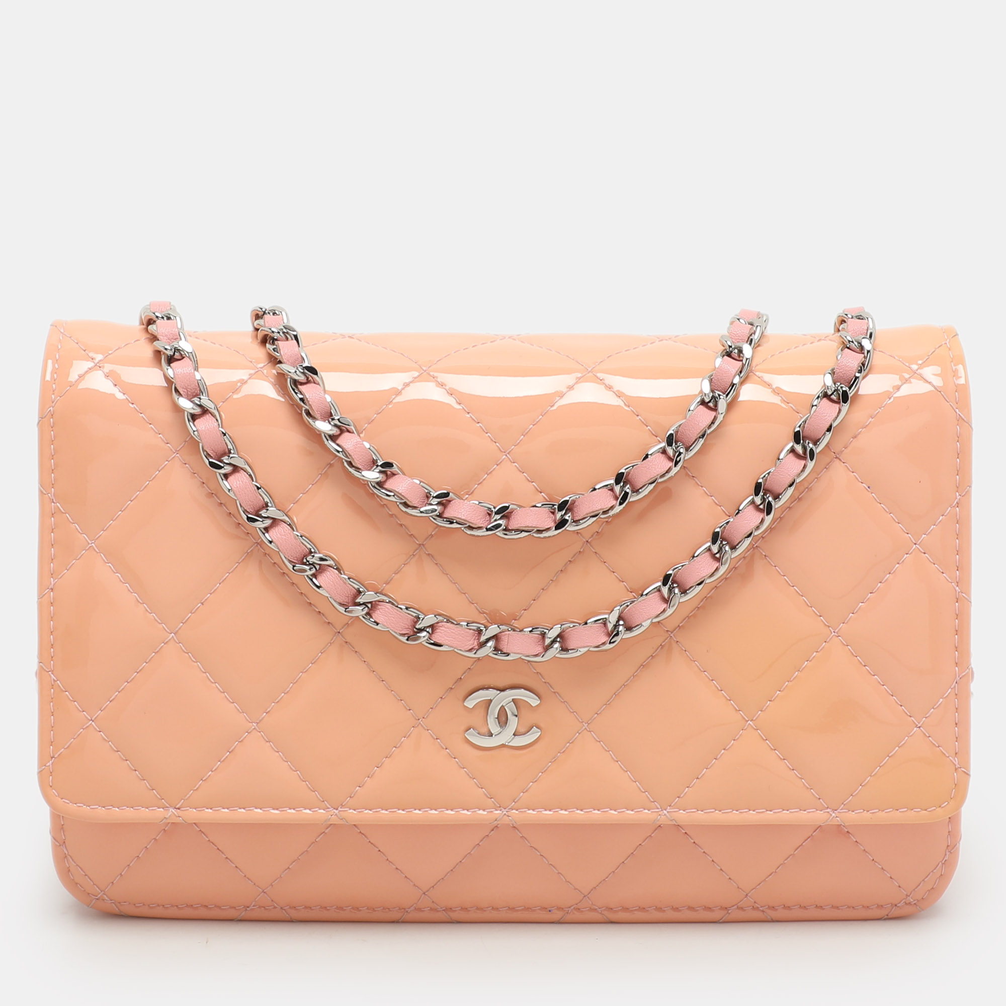 

Chanel Pink Quilted Patent Leather CC Wallet On Chain