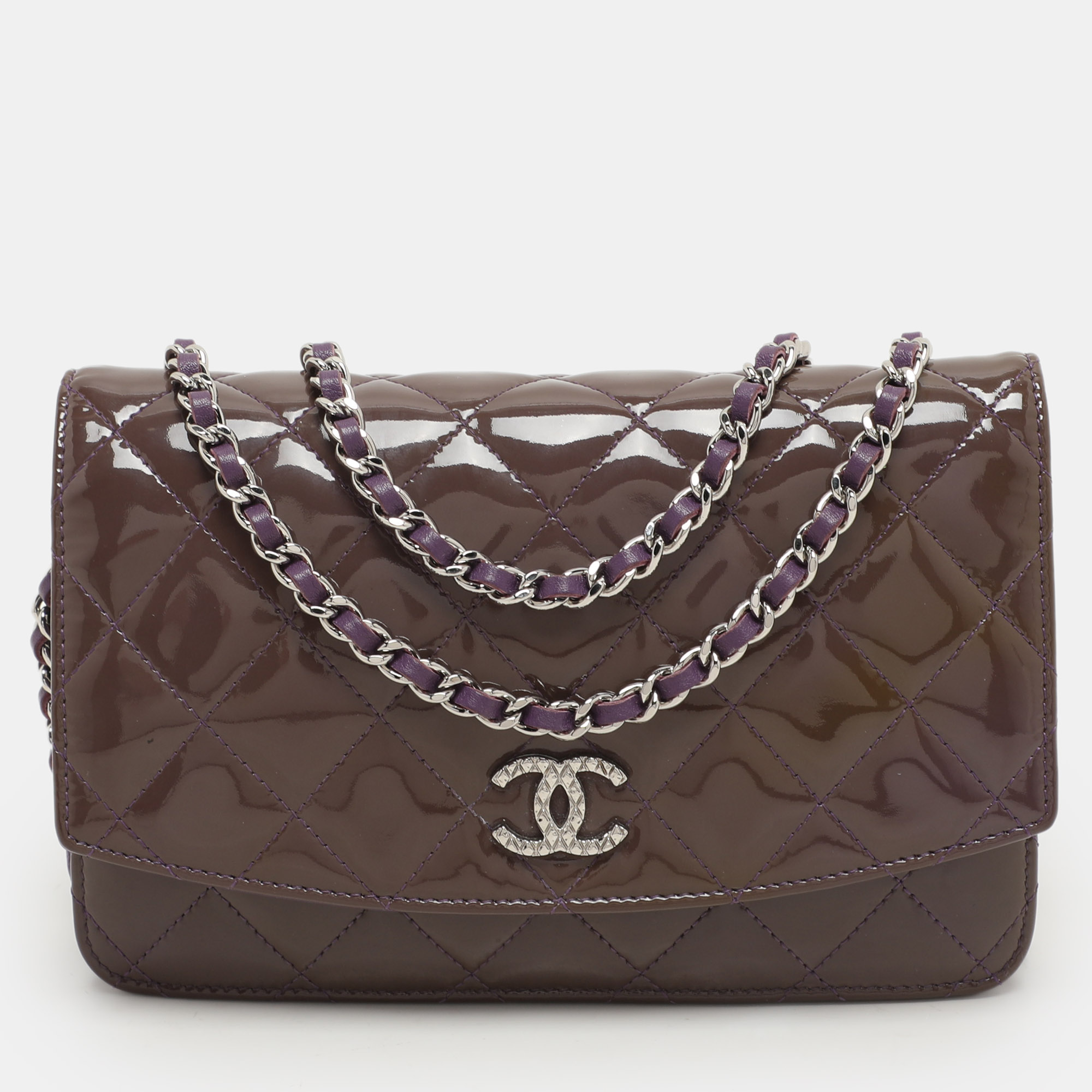 

Chanel Purple Quilted Patent Leather CC Wallet On Chain