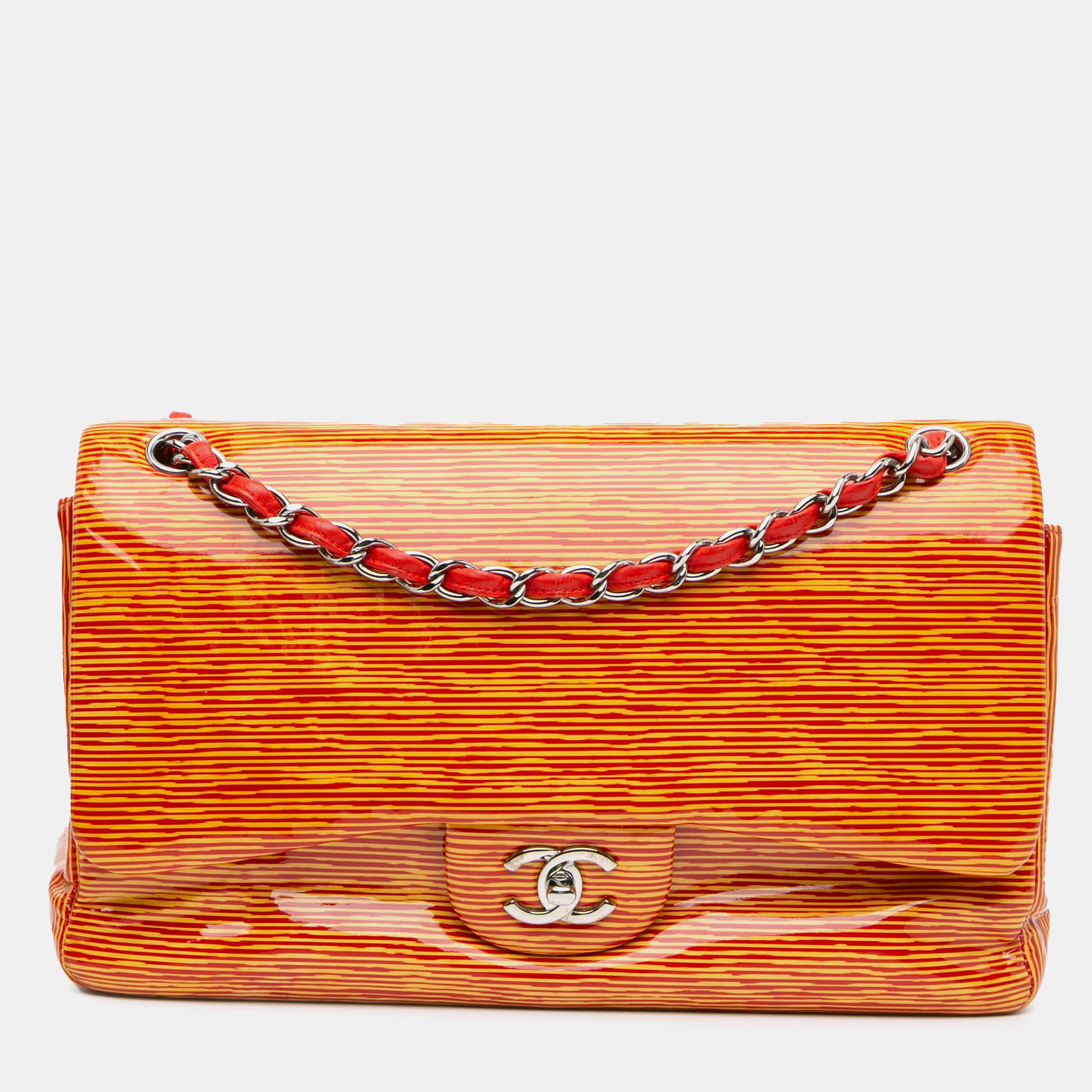 

Chanel Orange Classic Patent Stiped Double Jumbo Flap Bag