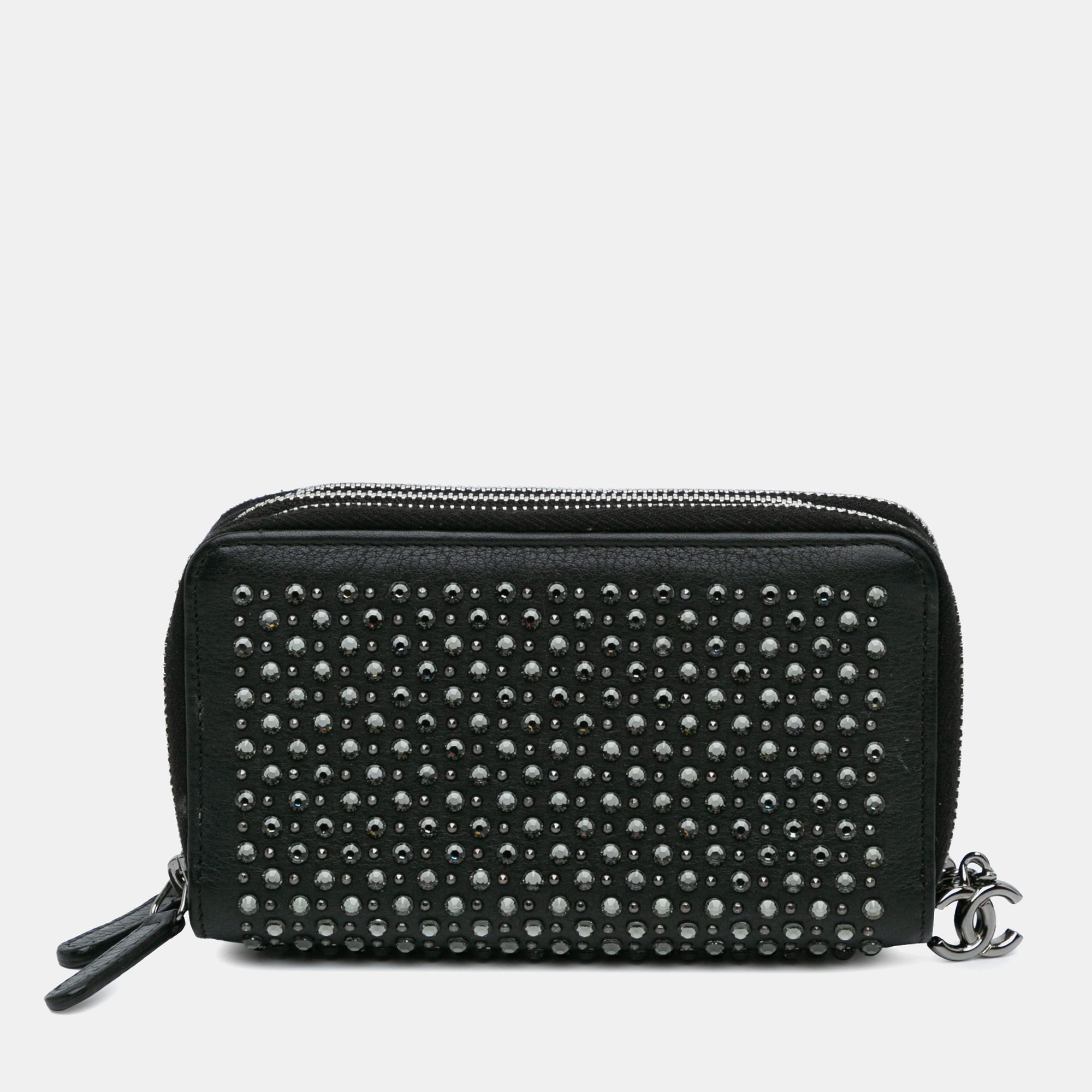 

Chanel Black Bull Leather Studded Zip Wallet
