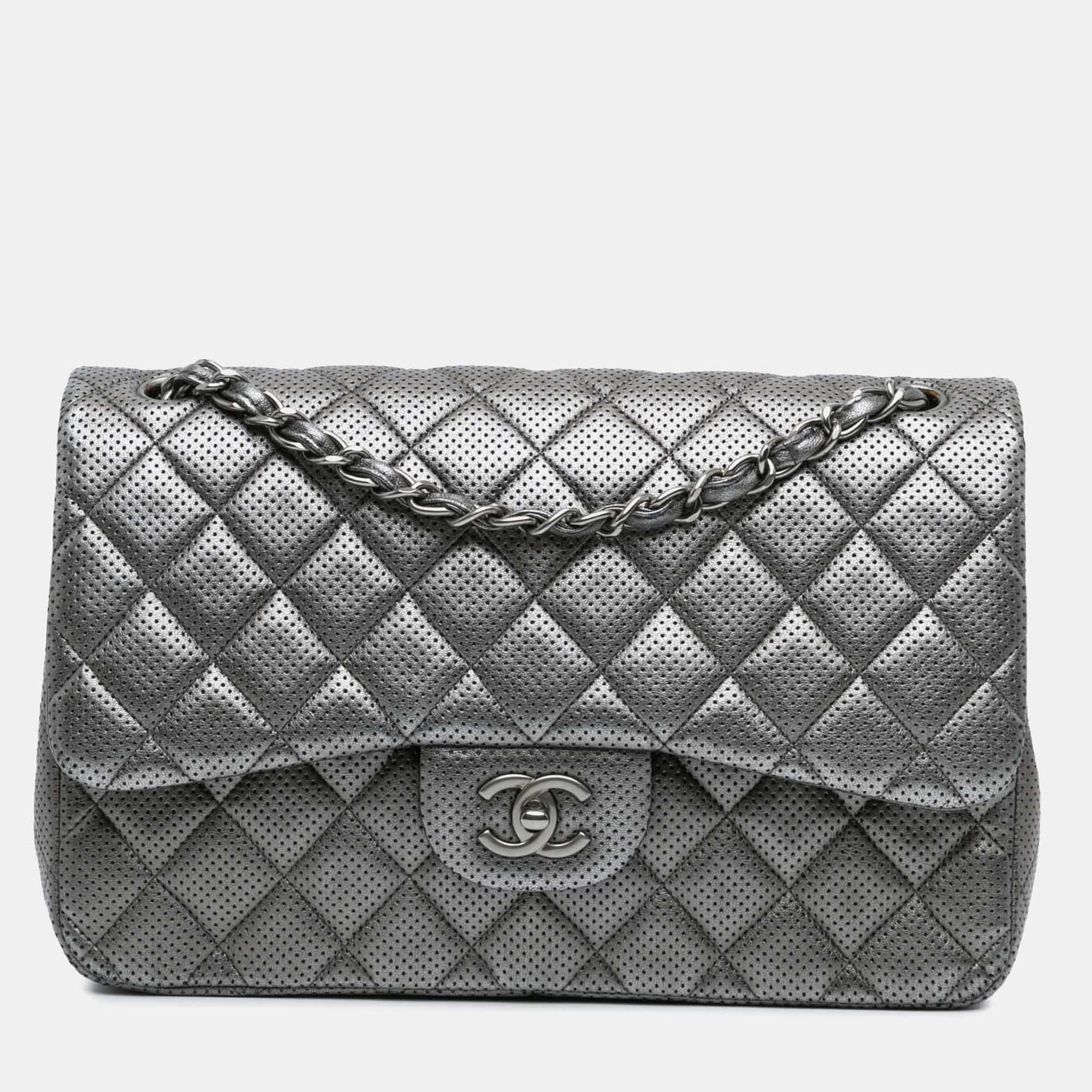 

Chanel Silver Jumbo Classic Perforated Lambskin Double Flap