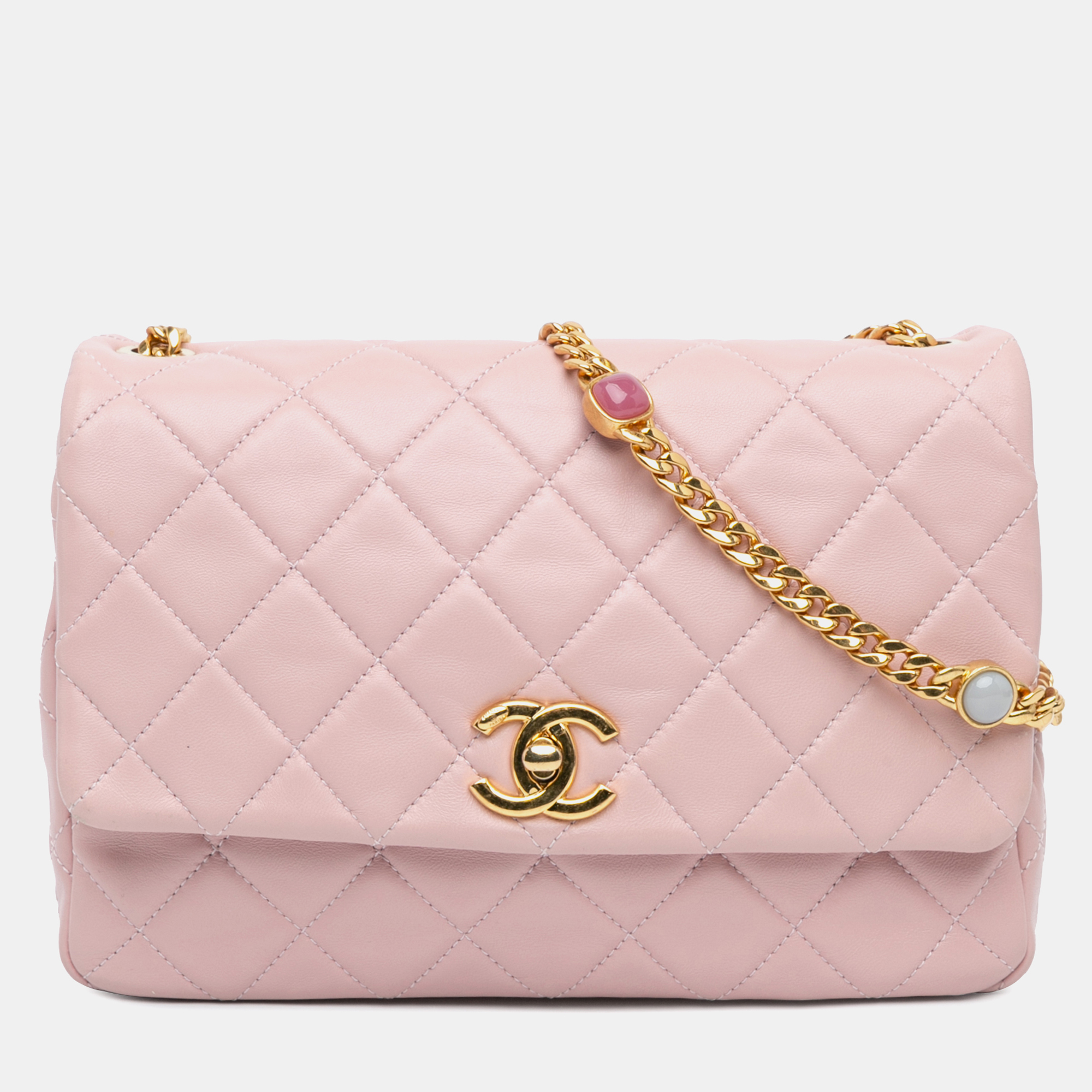 

Chanel Pink CC Quilted Lambskin Embellished Chain Flap