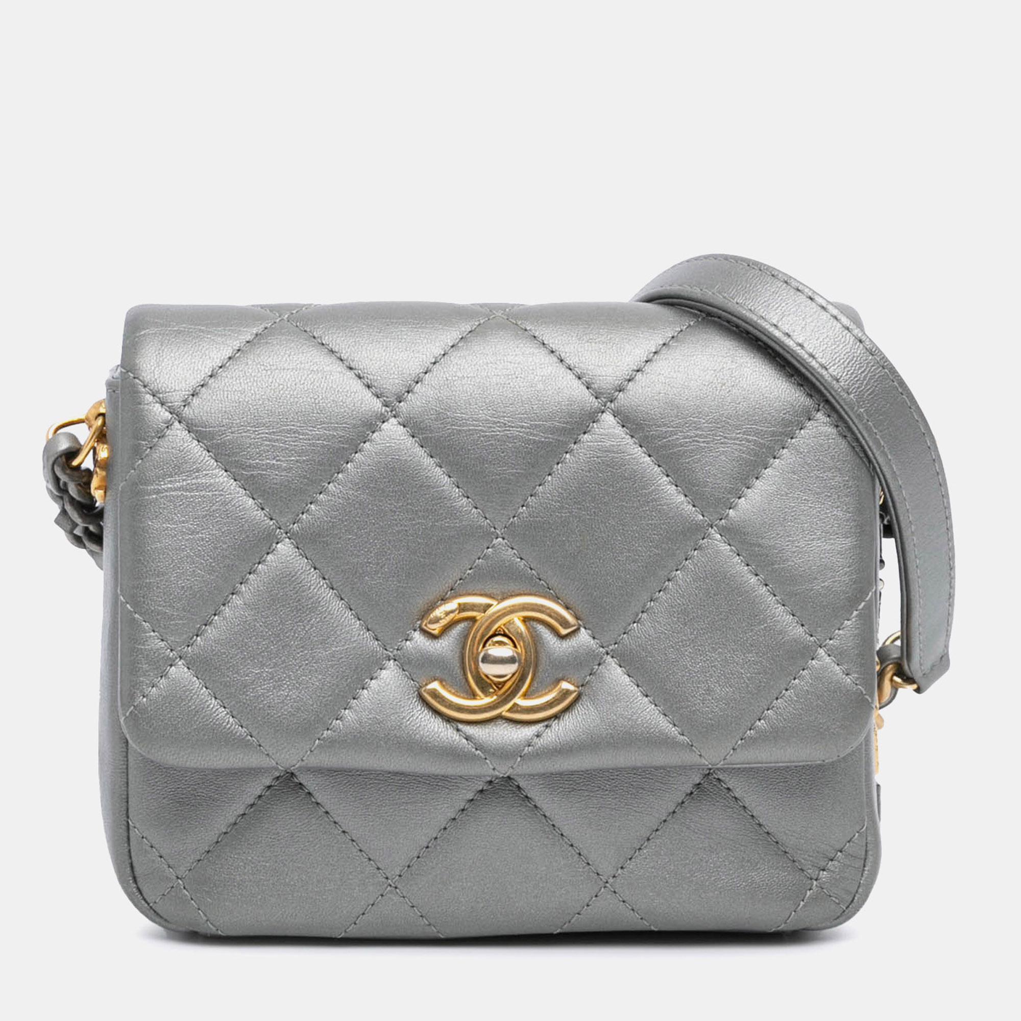 

Chanel Silver Mini Quilted Lambskin Side Note Flap