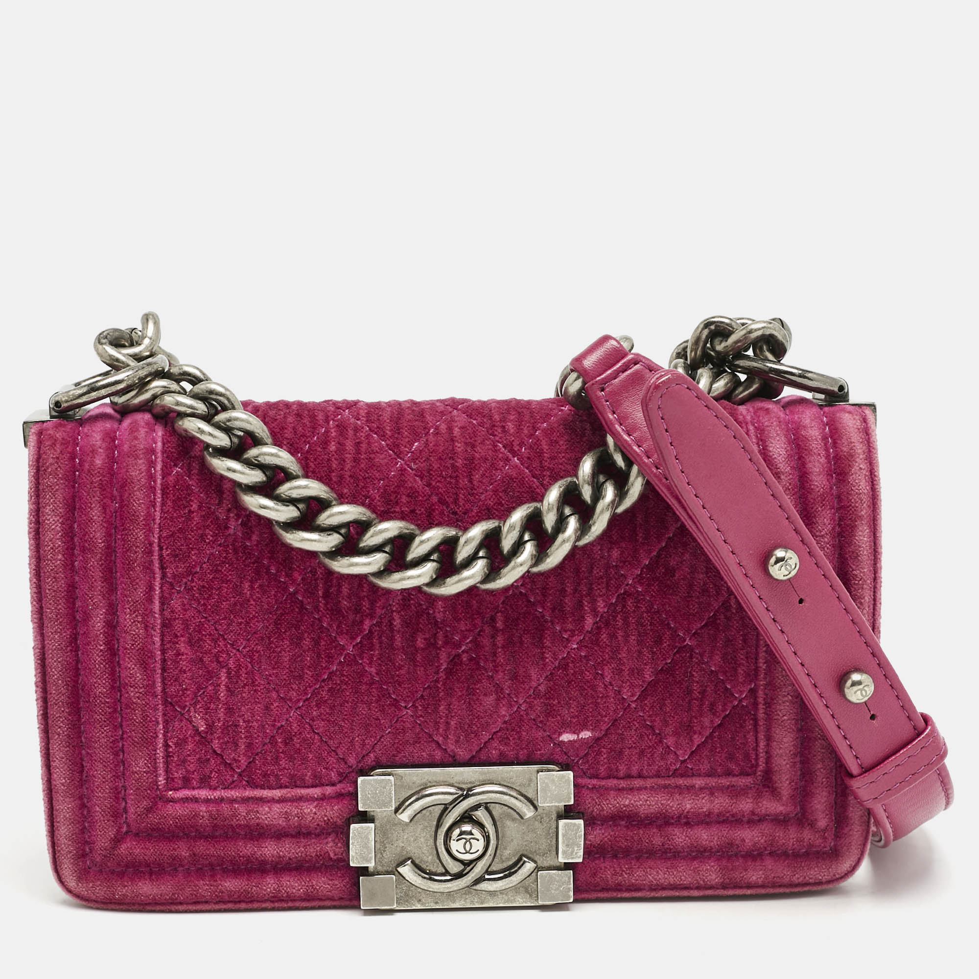 

Chanel Fuchsia Quilted Velvet  Boy Flap Bag, Pink