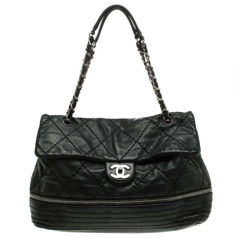 Chanel Black Quilted Stitched Expandable Zipper Flap Bag Chanel The