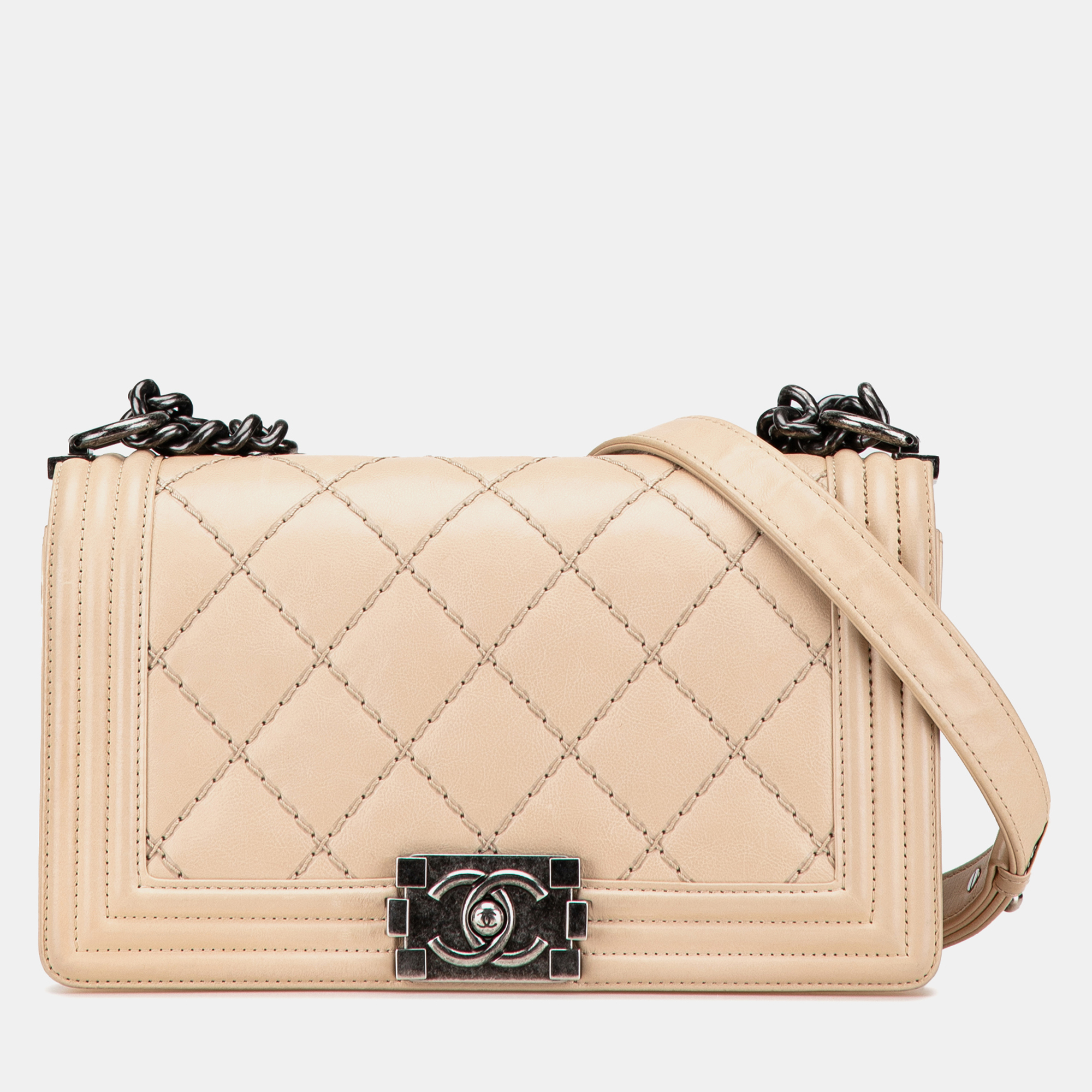 

Chanel Beige Old Medium Aged Calfskin Double Stitch Boy Flap Bag