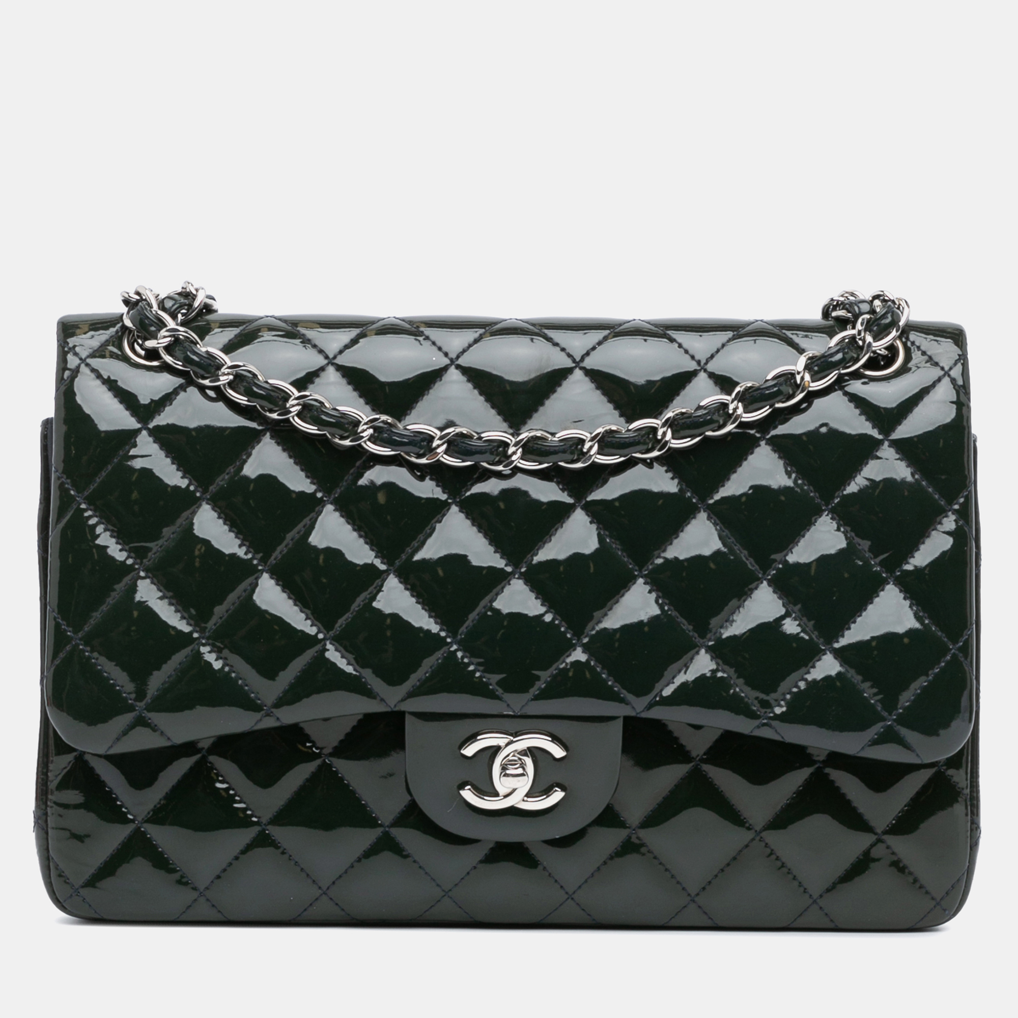 

Chanel Blue Jumbo Classic Patent Double Flap Bag