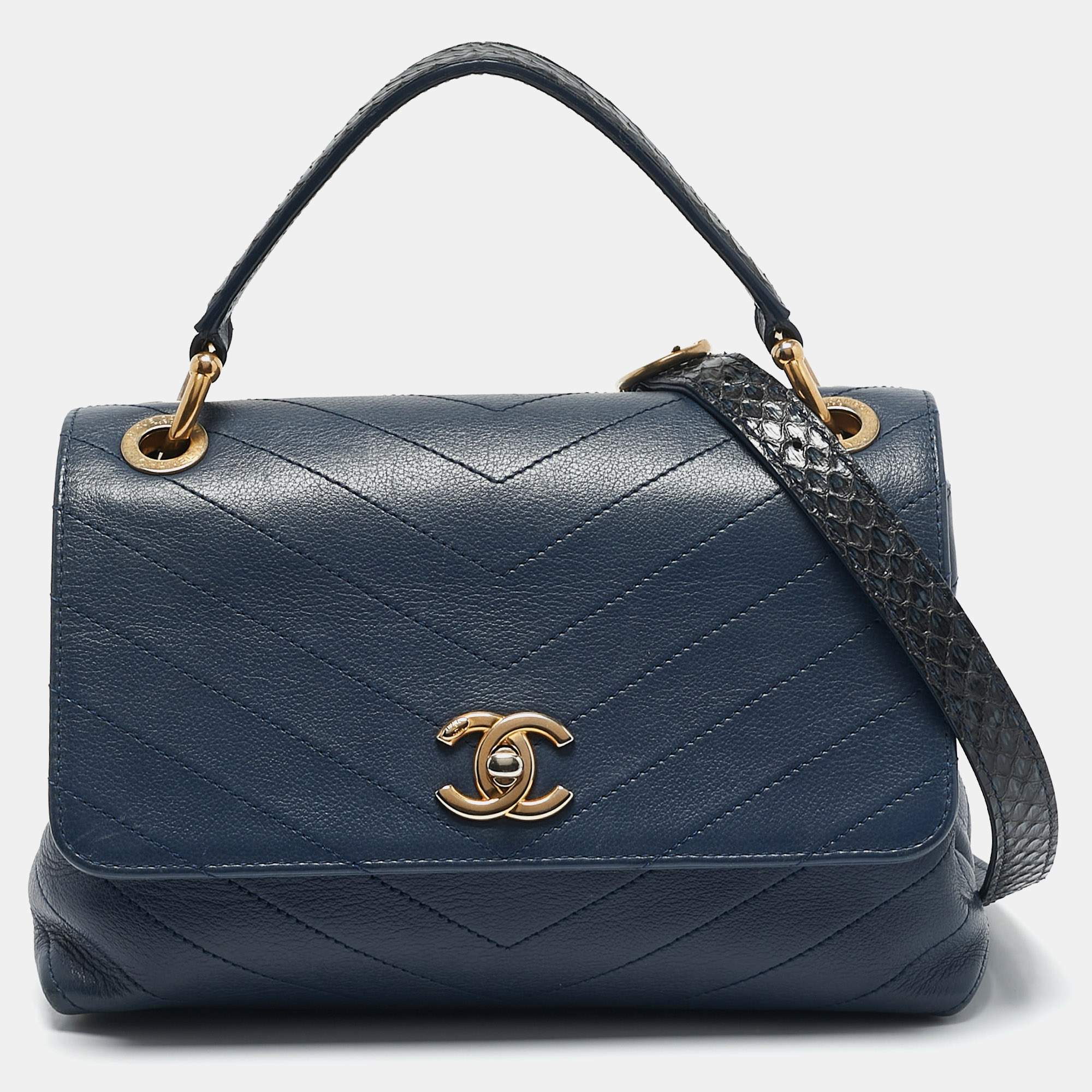 

Chanel Navy Blue Chevron Leather and Snakeskin Chic Top Handle Bag