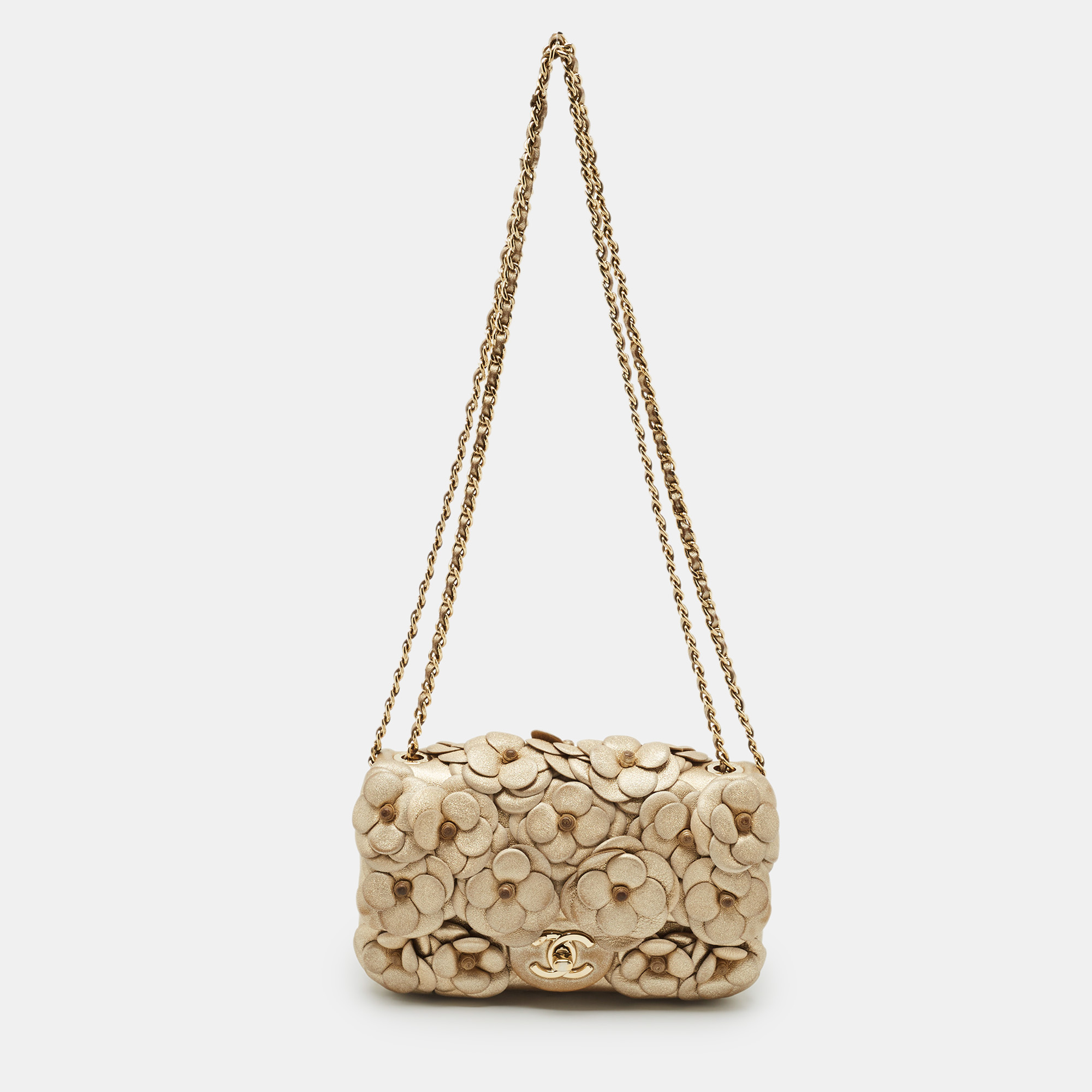 

Chanel Gold Leather Mini Classic Camellia Flap Bag