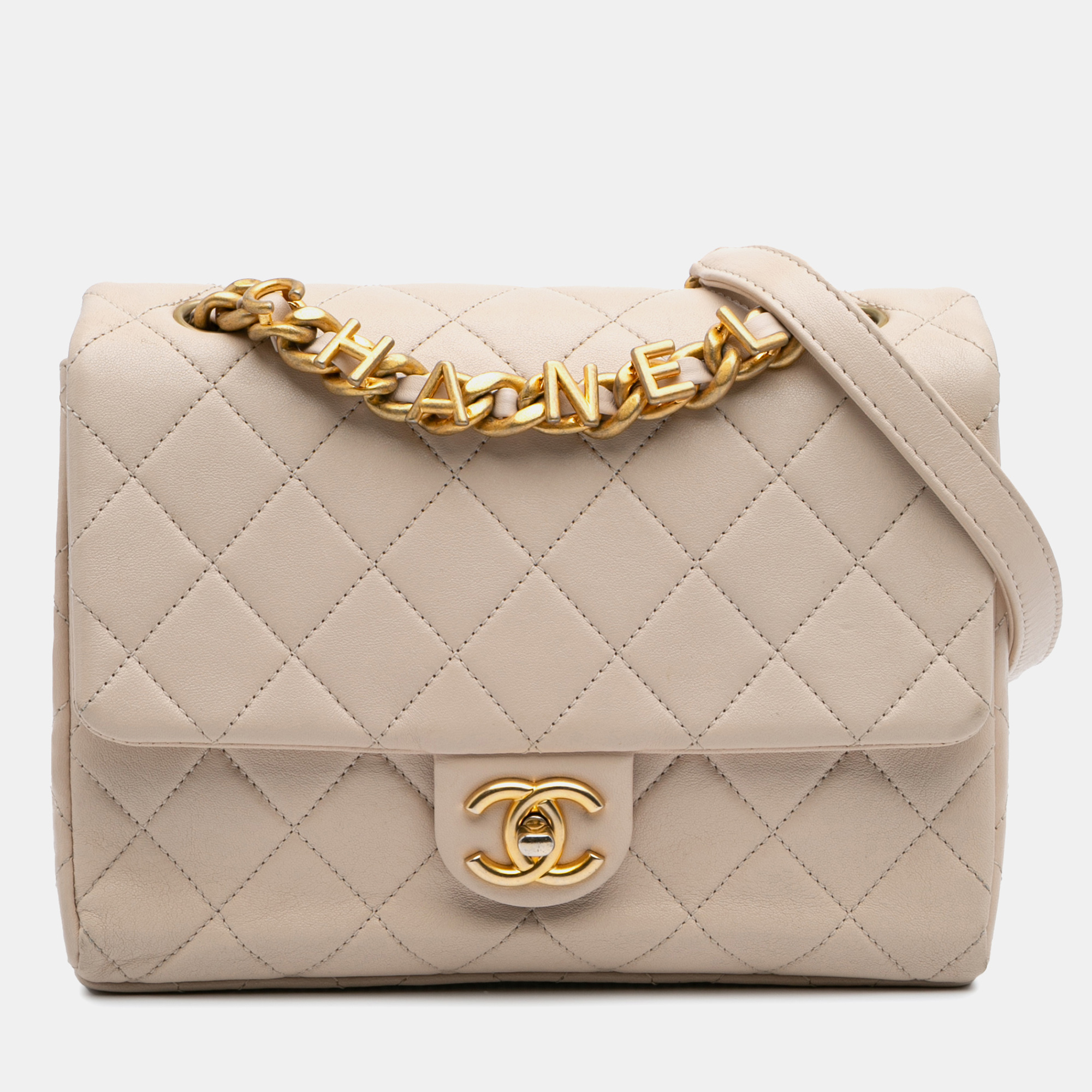 

Chanel Beige/Brown Quilted Lambskin Chaine Lettre Square Flap