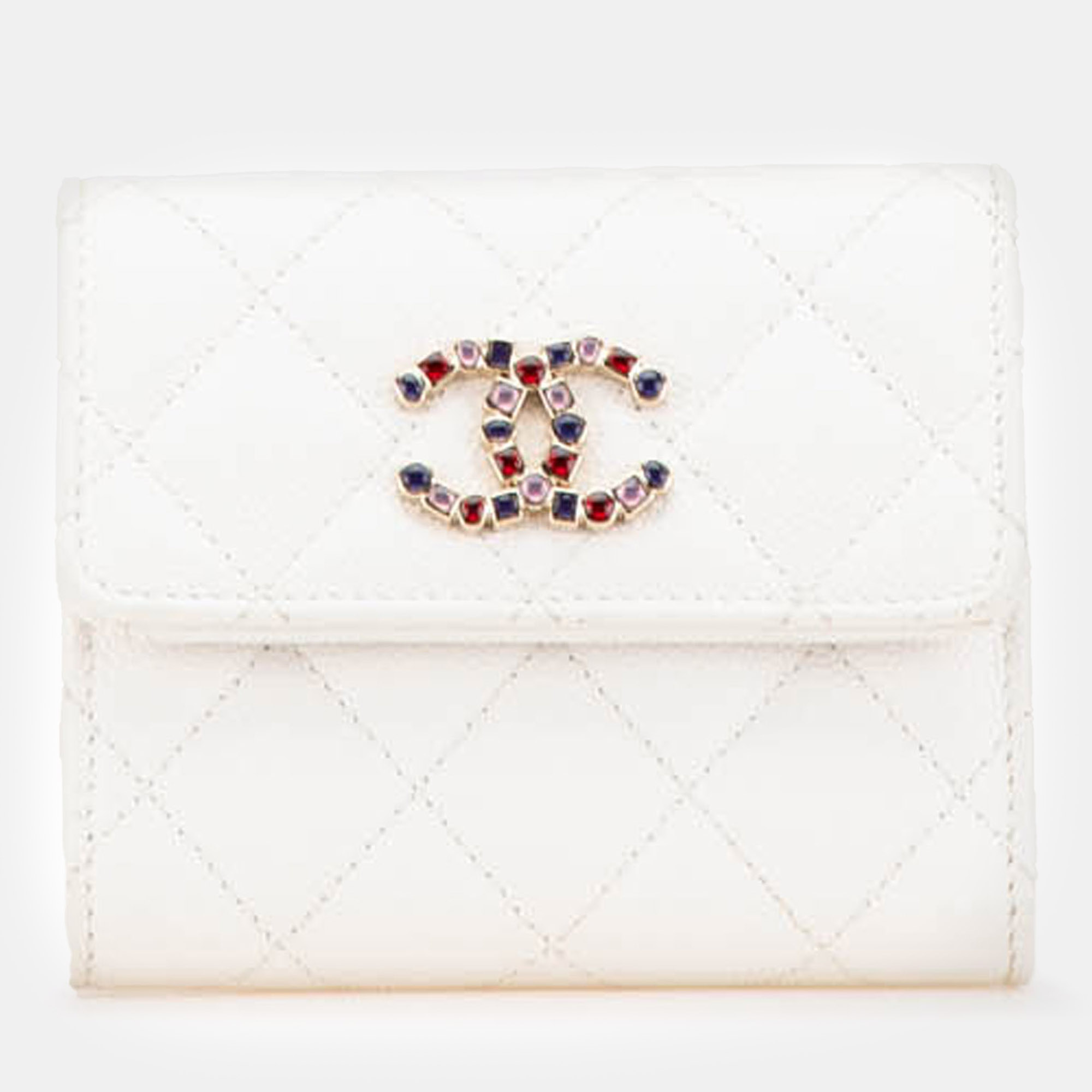 

Chanel White CC Quilted Caviar Crystal Trifold Wallet