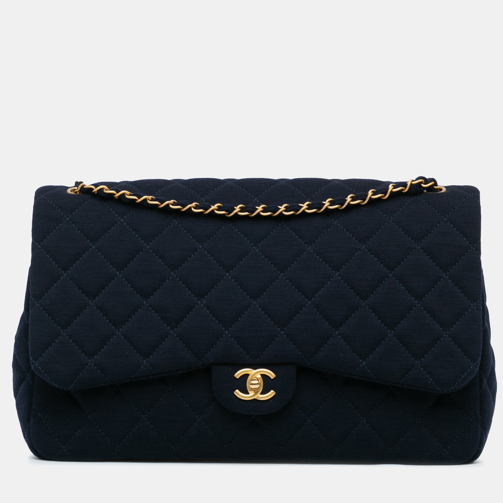 

Chanel Navy Blue Cotton Classic Jersey Single Flap Bag