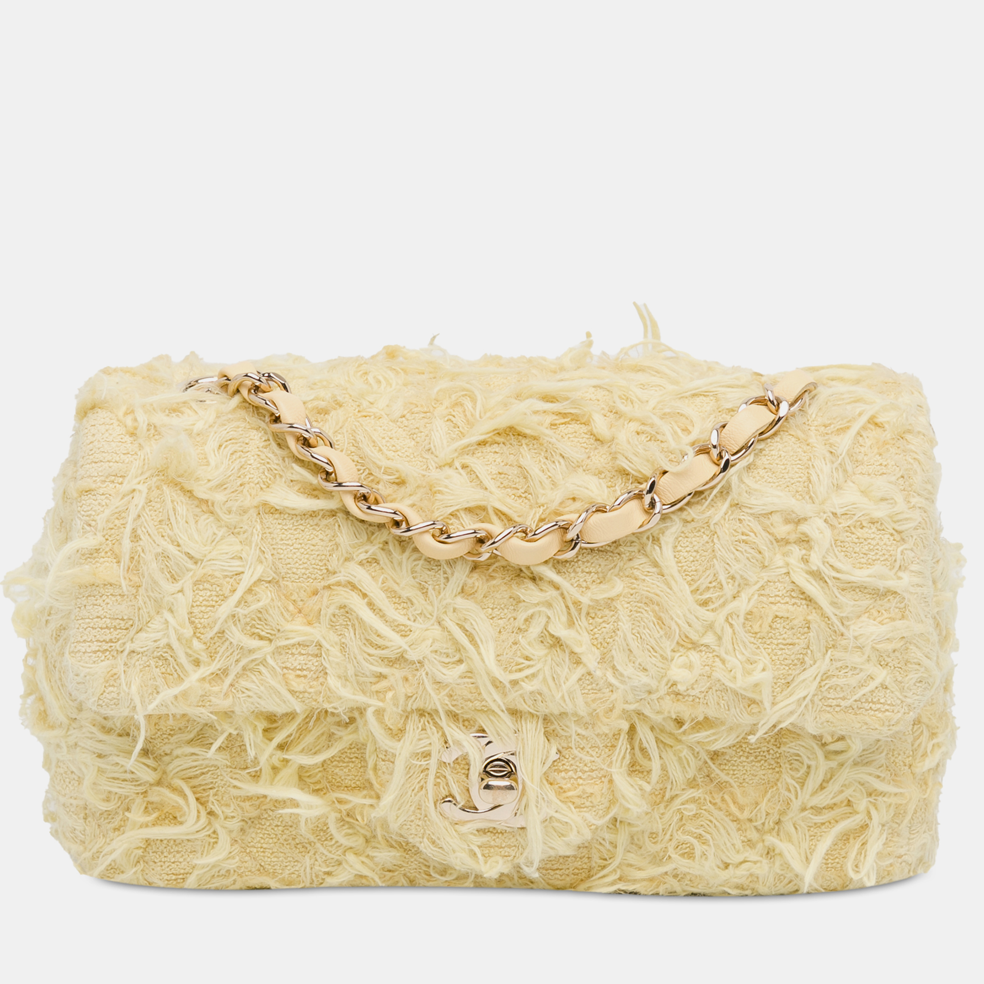 

Chanel Yellow Rectangular Classic Tweed Fringed Mini Single Flap Bag