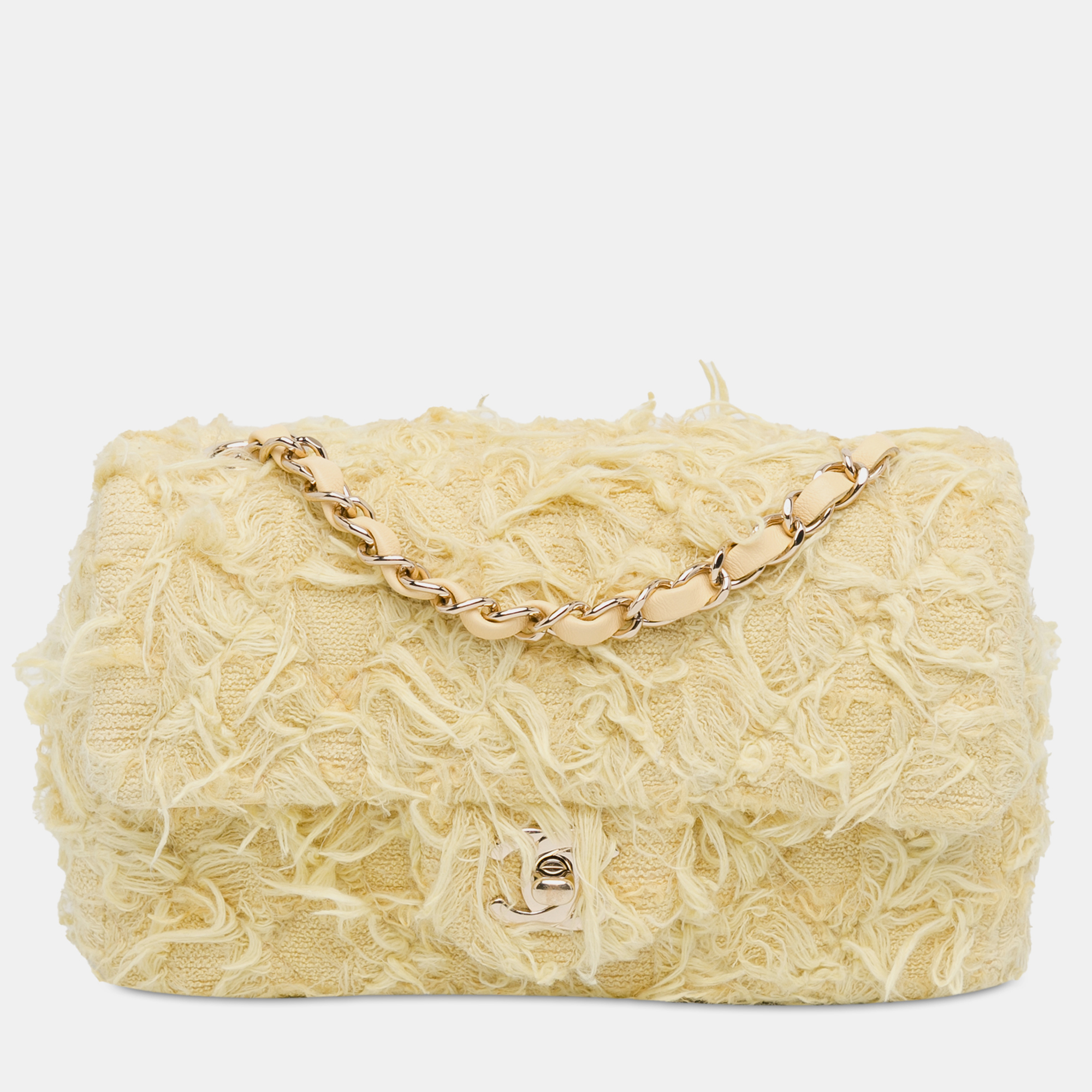 

Chanel Yellow Rectangular Classic Tweed Fringed Mini Single Flap Bag