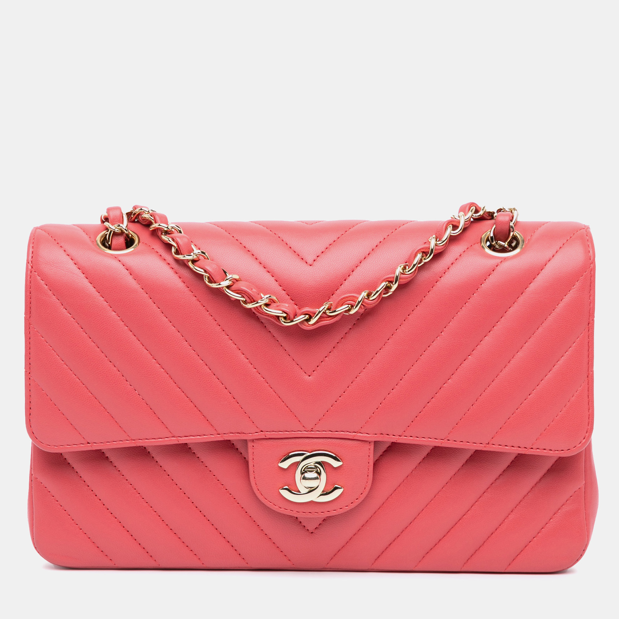 

Chanel Pink Classic Chevron Lambskin Medium Double Flap Bag