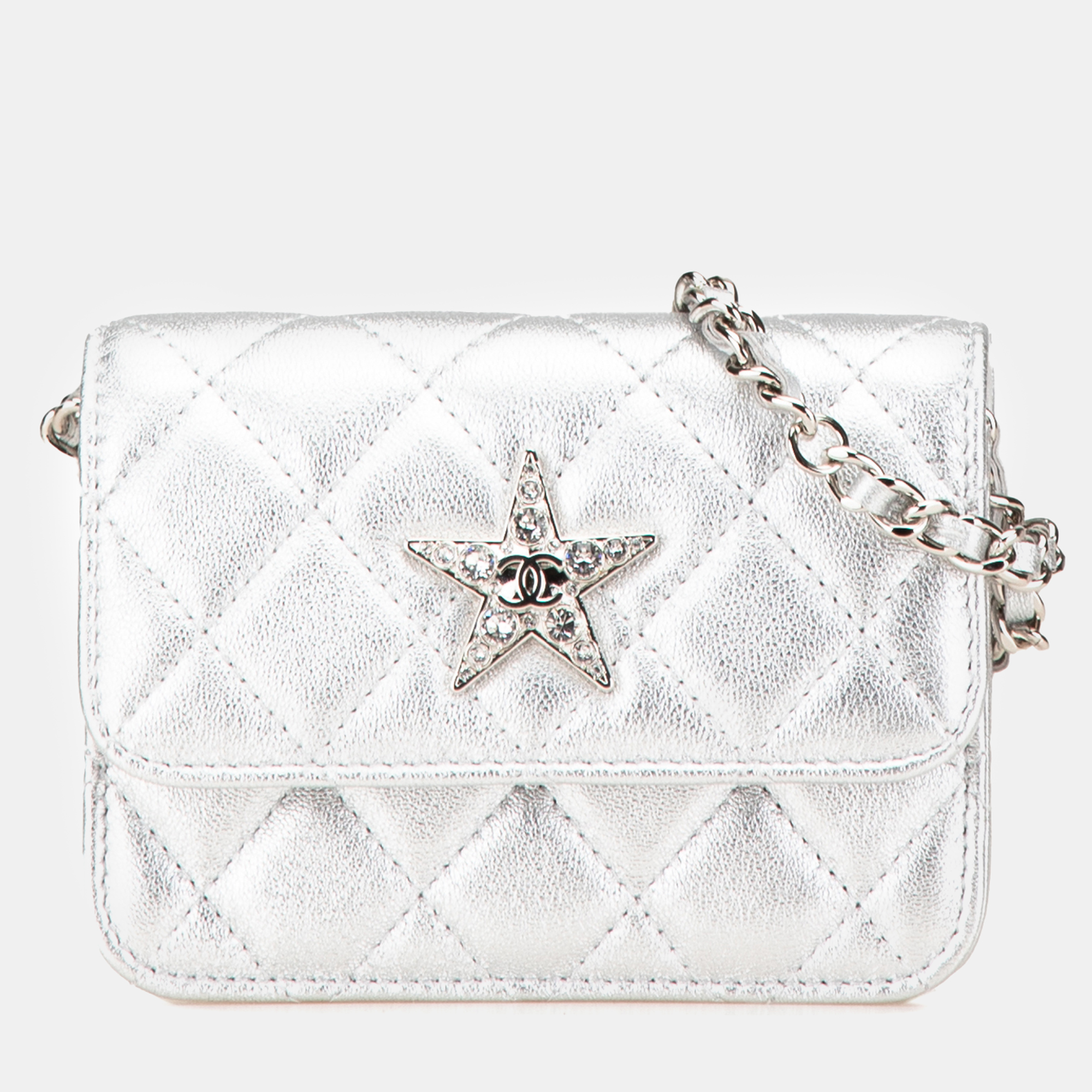 

Chanel Silver Metallic Lambskin Crystal Star Chain Belt Bag