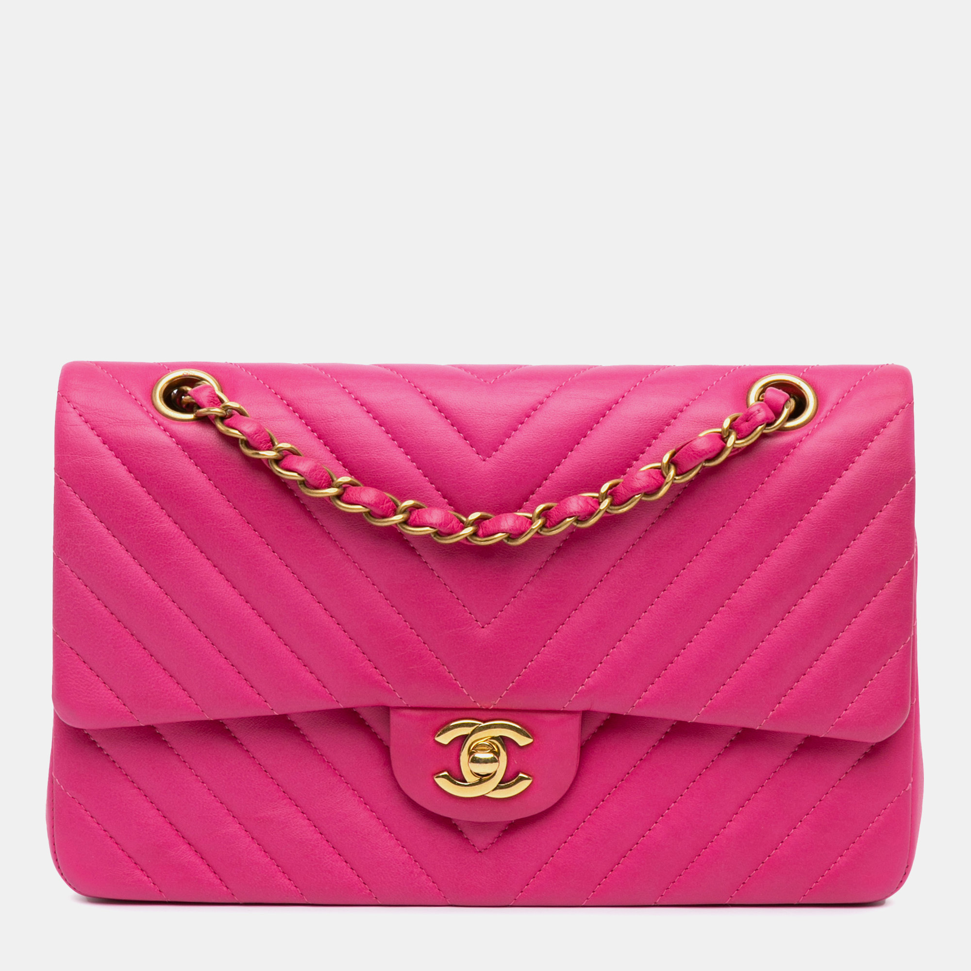 

Chanel Pink Medium Classic Chevron Lambskin Double Flap