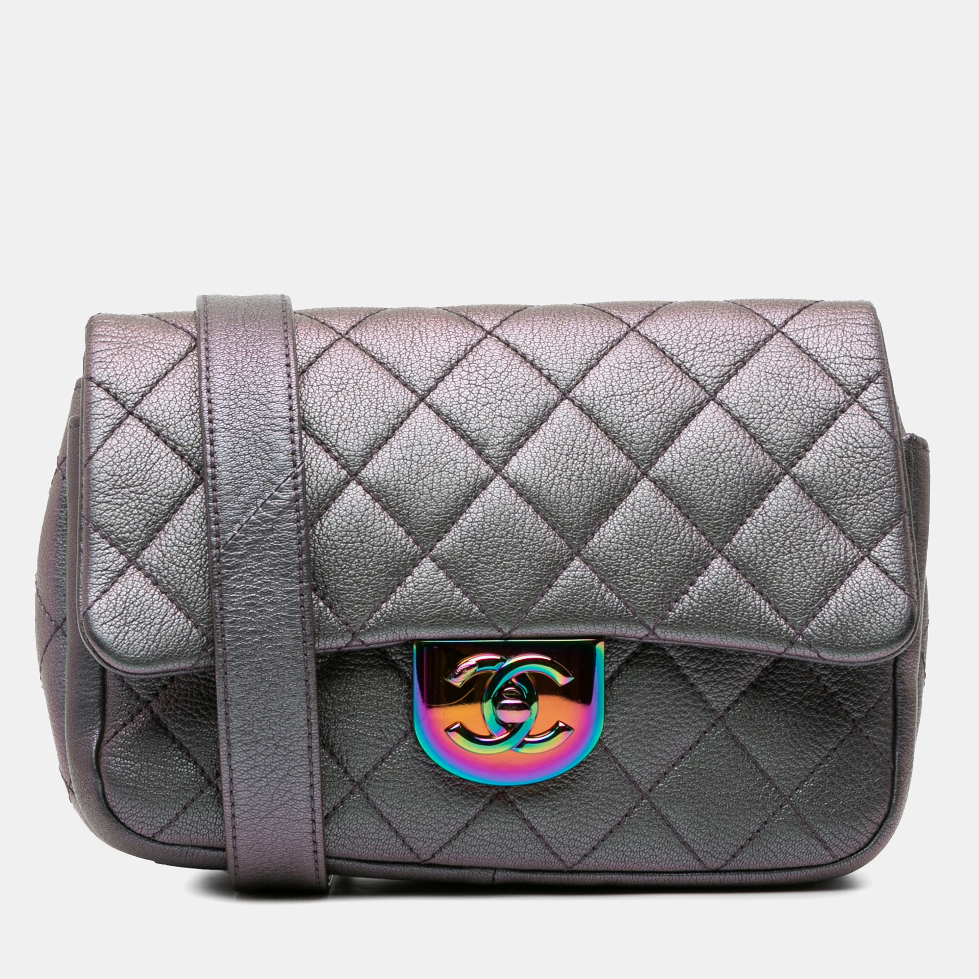 

Chanel Purple Small Iridescent Goatskin Double Carry Waist Chain Flap