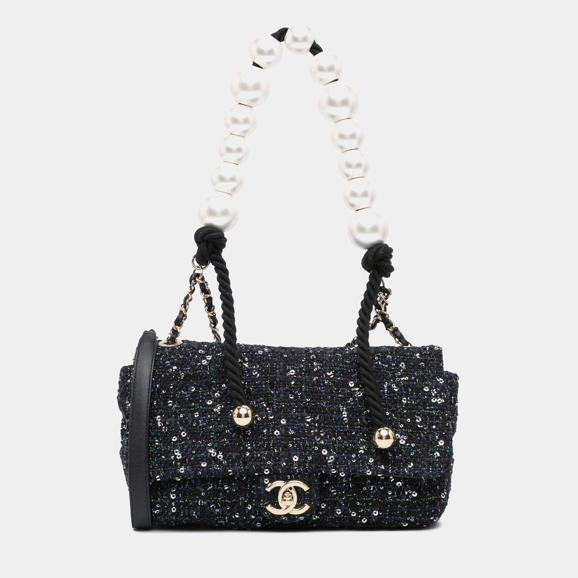 

Chanel Navy Blue Medium Tweed Pearl Handle Flap