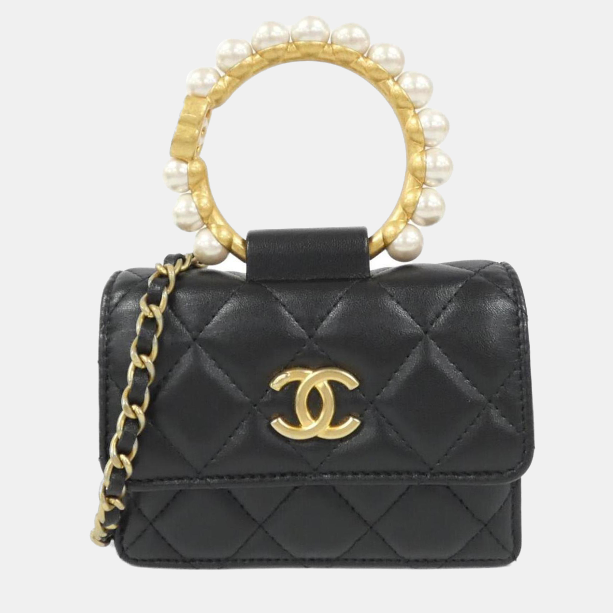 

Chanel Black Lambskin Leather Pearl Crown Clutch On Chain