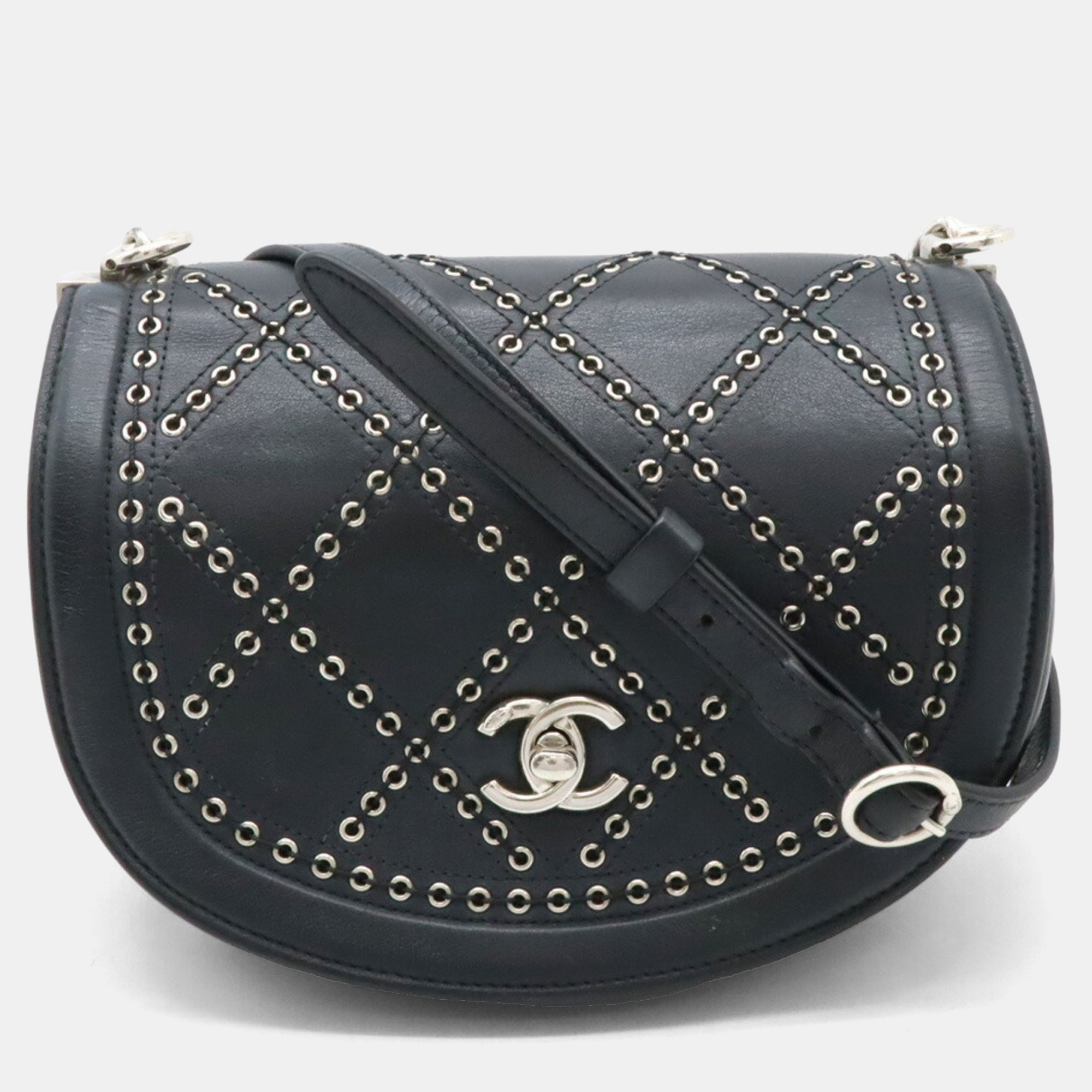 

Chanel Coco Eyelet Mark Round Chain Shoulder Bag Pochette Half Moon Shape Leather Black
