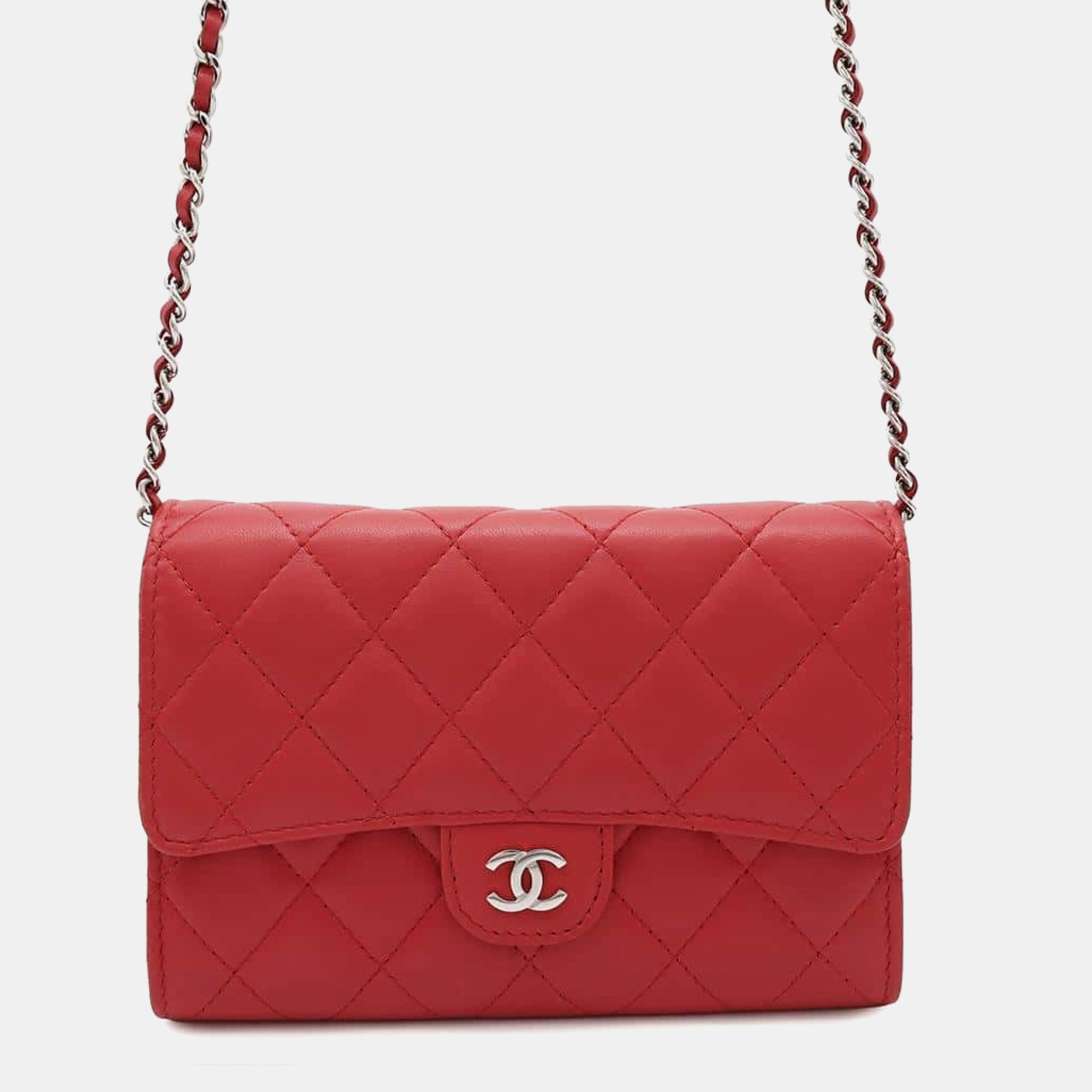 

Chanel Chain Wallet Matelasse Coco Mark Lambskin, Red