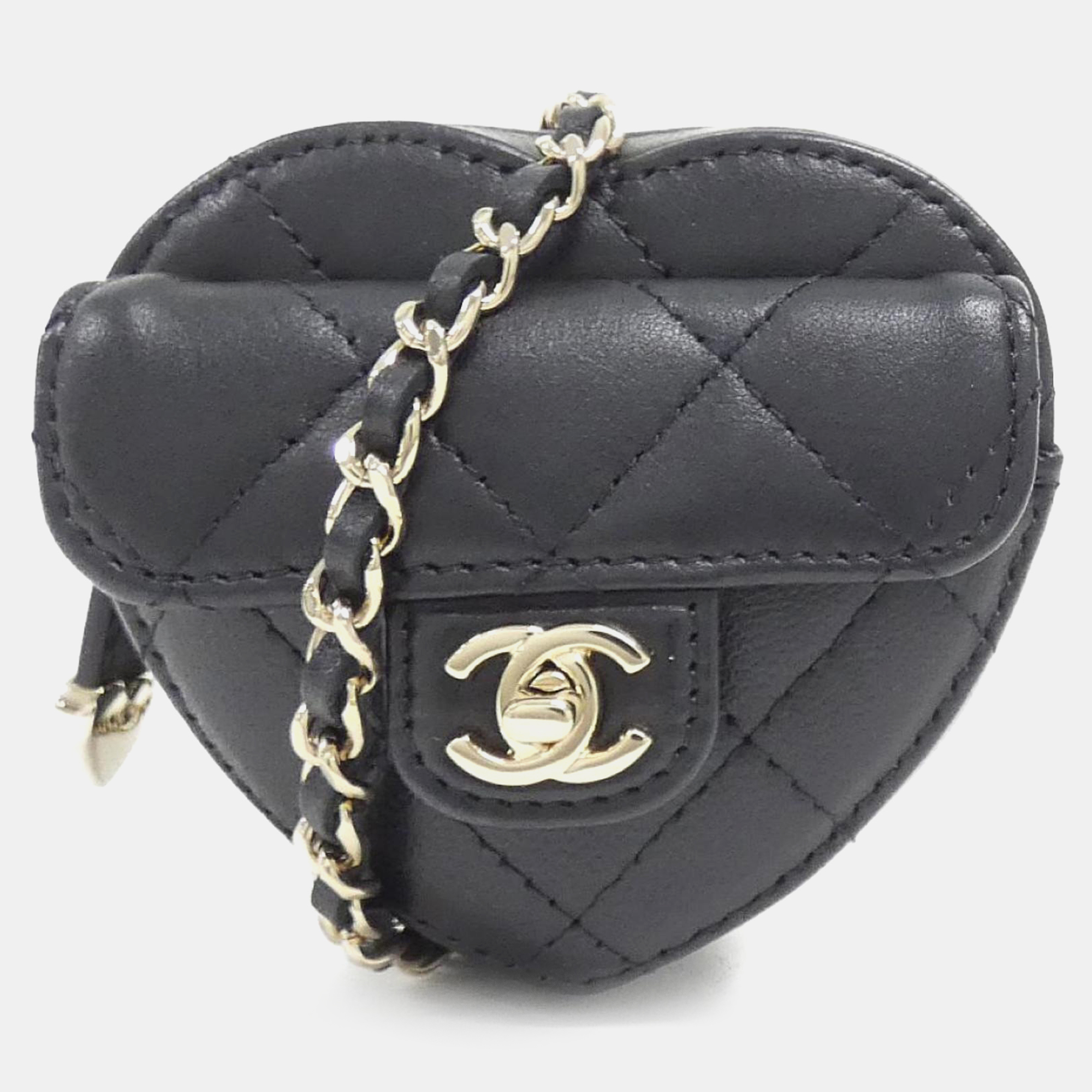 

Chanel Black Lambskin Quilted CC In Love Heart Coin Purse With Chain