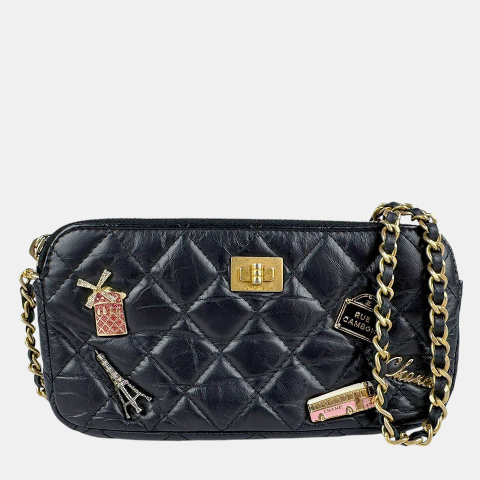 

Chanel Chain Wallet 2.55 Embroidery Leather Metal Black