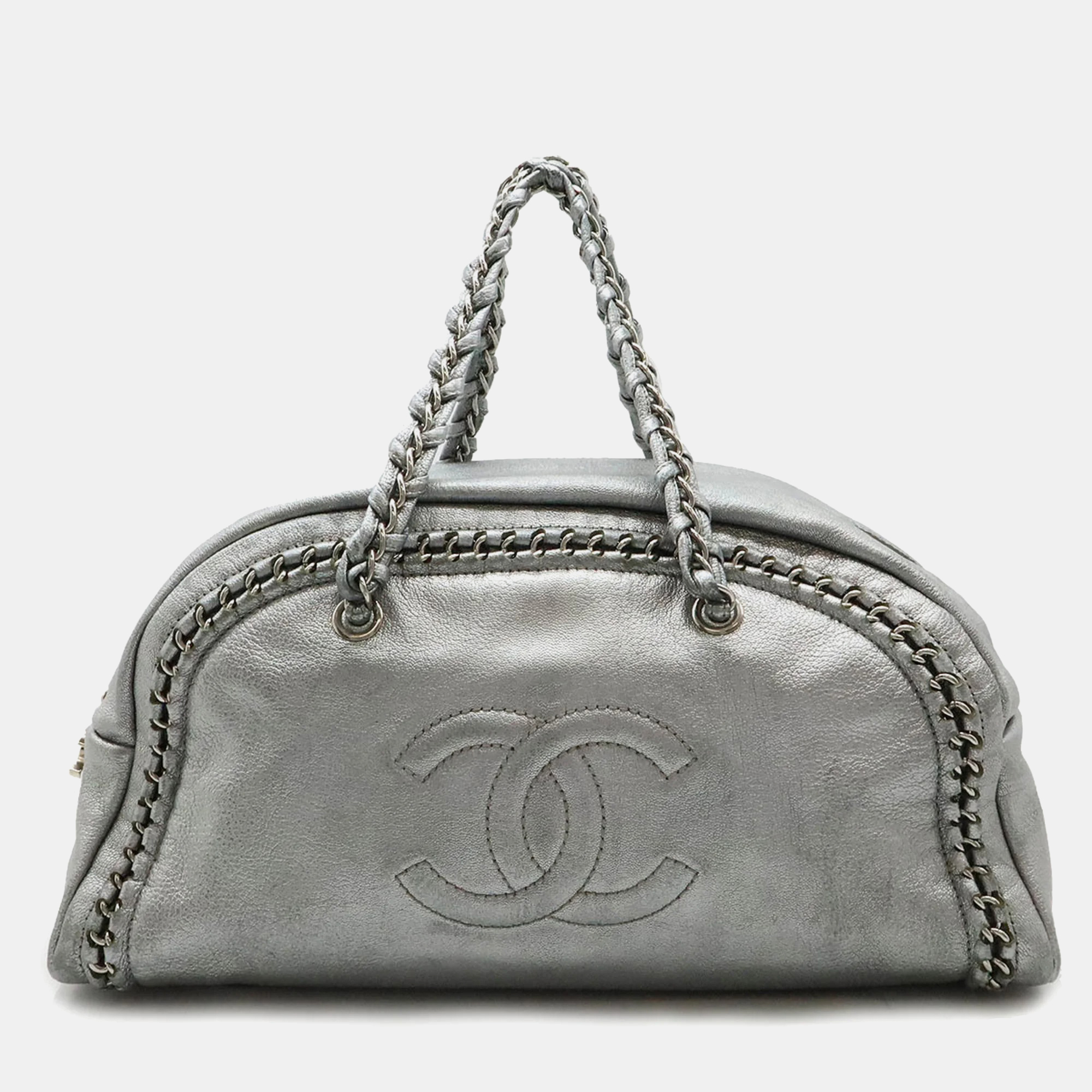 

Chanel Luxury Line Coco Mark Boston Bag Travel Handbag Leather Silver