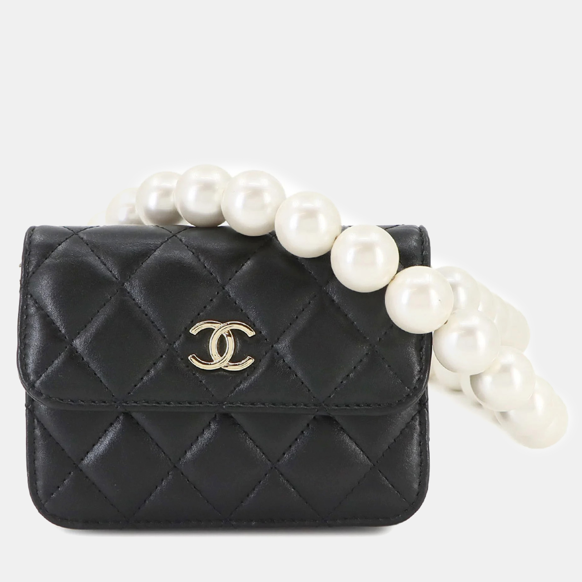 

Chanel Black Leather Faux Pearl Matelasse Chain Wallet
